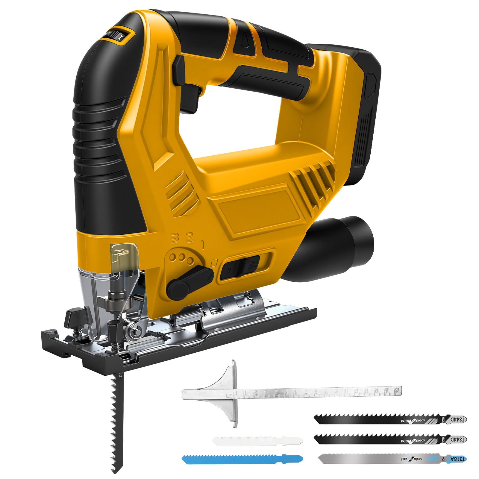 Akku Stichsäge kompatibel mit Dewalt 20V-Akku (ohne Batterie) | Elektrische Stichsäge, mit 45° Fase, 6 Geschwindigkeiten, 4 Orbital, Staubschlauch, Führungslineal und 5 Stück Sägeblätter