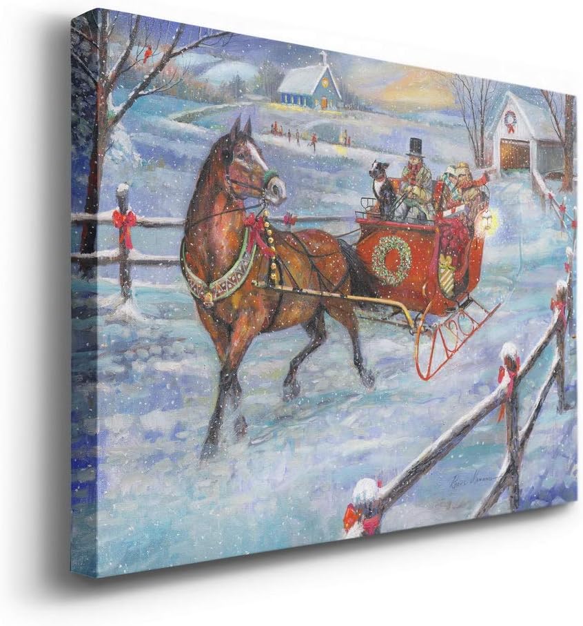 Renditions Gallery Sleigh Bells Wall Art, Festive Christmas Decorations, Horse and Family riding in the Snow, Premium Gallery Wrapped Canvas Decor, Ready to Hang, 24 in H x 36 in W, Made in America