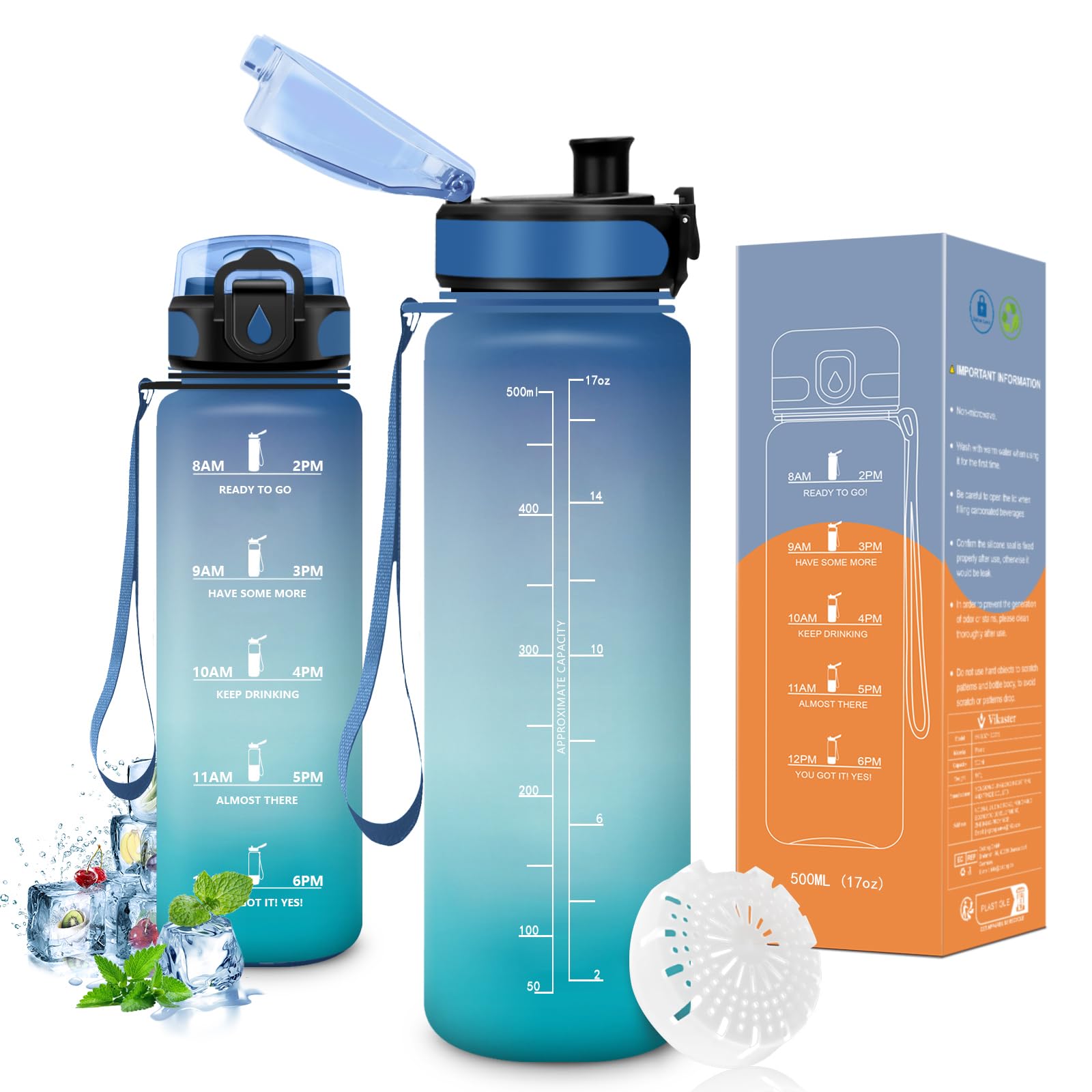 Vikaster Borraccia Sportiva, Borraccia 500ml/1000ml/1500ml, Senza BPA & Prova di Perdite, Bottiglia Acqua Bambini, Bici, Scuola, Palestra, Ufficio, Yoga