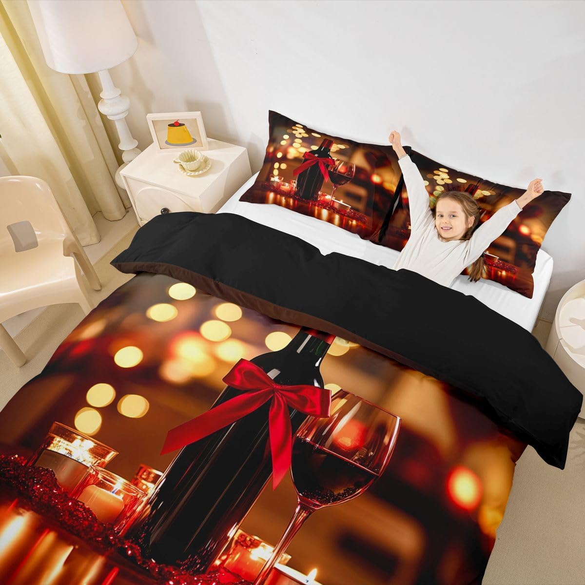 Erosebridal Red Ribbon Bow Duvet Cover Queen Size Wine Glass Bedding Set for Kids Boys Girls Valentine's Day Romantic Comforter Cover Red Brown Bedclothes