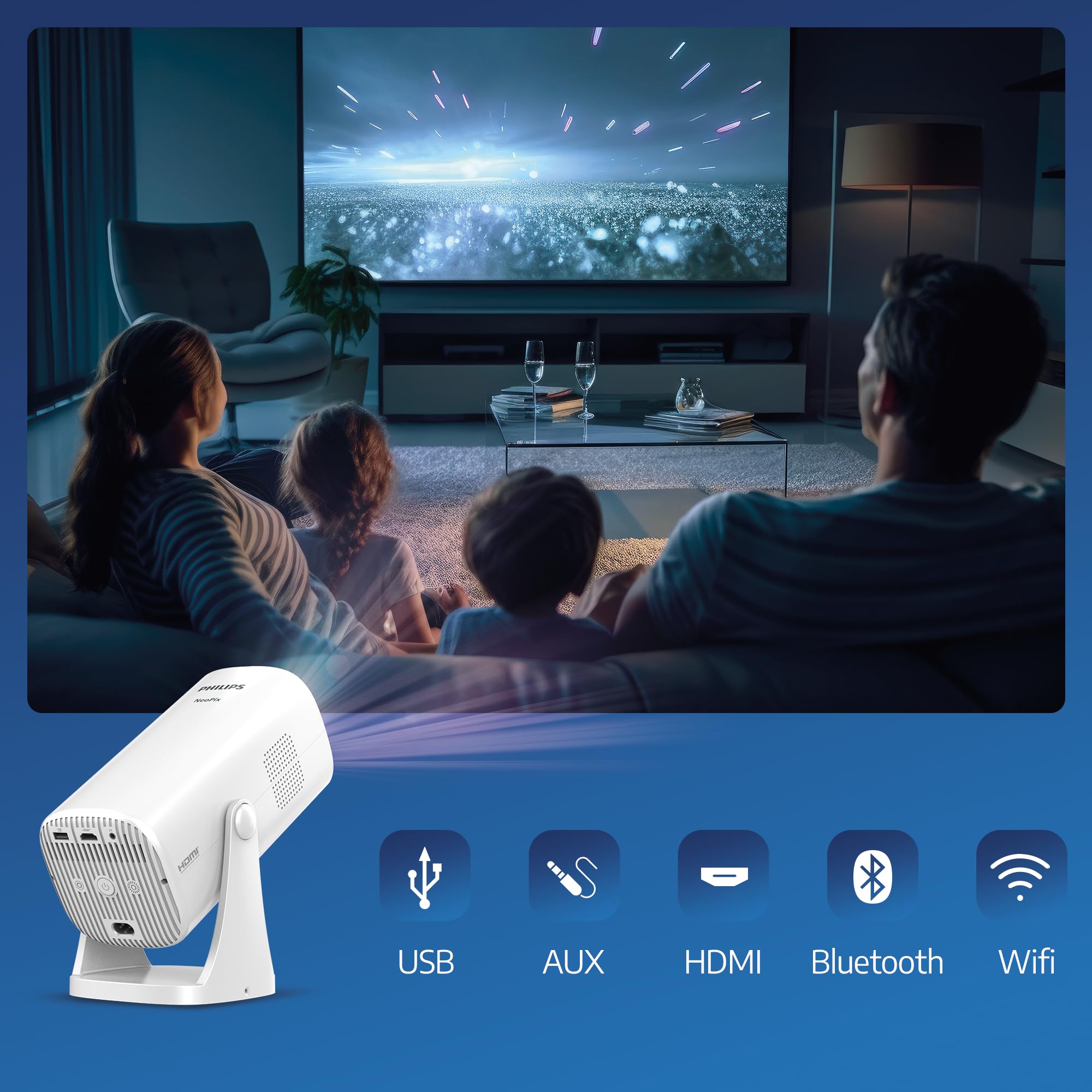 Philips Neopix 230 Smart, Videoproiettore Home Cinema, Opzioni di correzione immagine, Full HD 1080p, LuminOS, Applicazioni preinstallate.