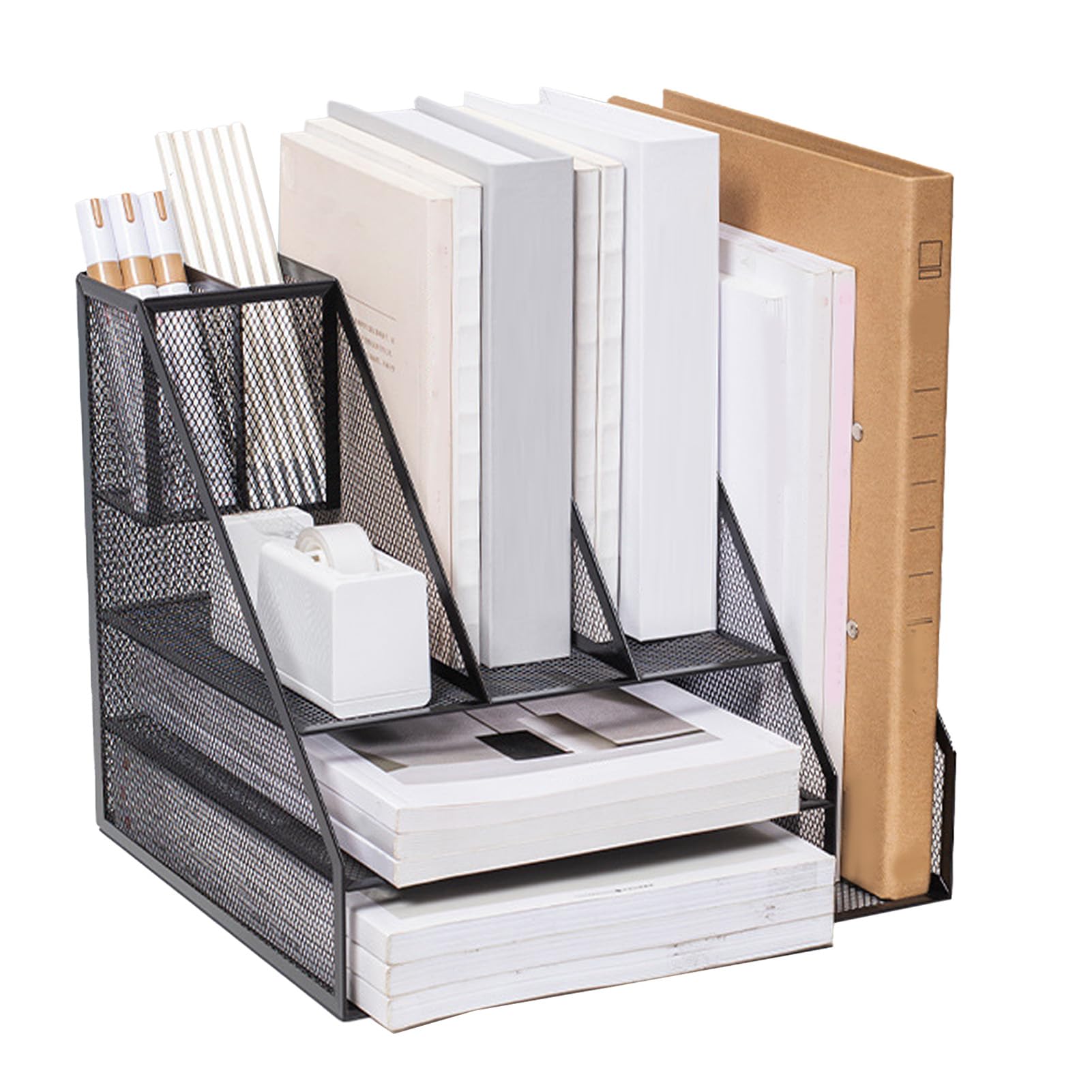 YWBL-WH Organizador de Escritorio de Malla Metálica, 3 Bandejas, 2 Portalápices, Estante para Archivos, Almacenamiento Multifuncional para Oficina, Escuela, Hogar, Organizador de Espacio de Trabajo