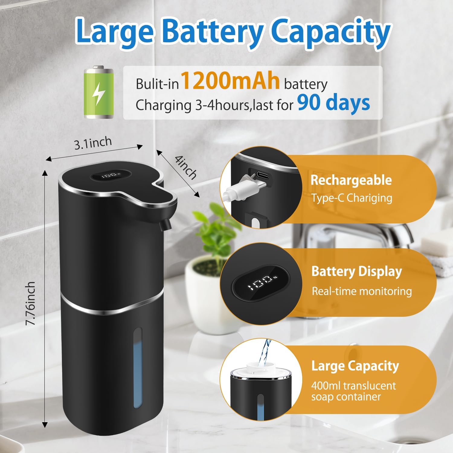 Automatic Foaming Soap Dispenser with Digital Display, 6-Level Foam Adjustable, Rechargeable, 12.8oz/ 380ml Wall Mounted Touchless Hands Free Auto Dispenser for Kitchen, Bathroom, Hotel, Restaurant