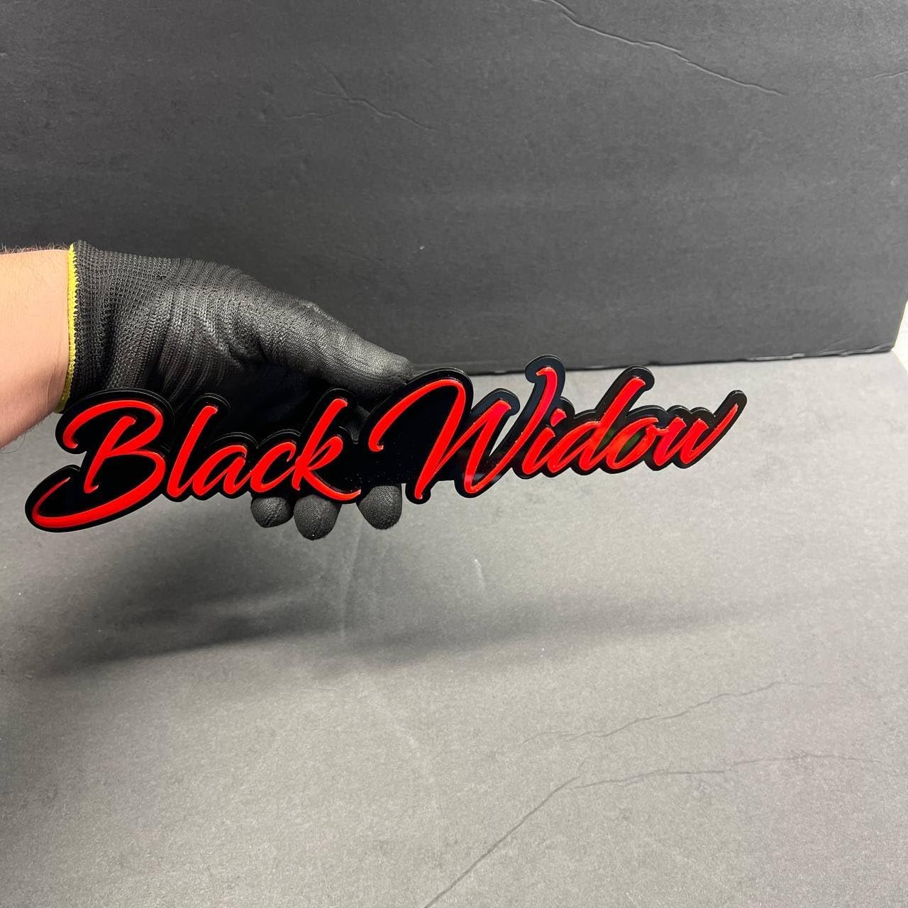 Black Widow Script 3D Emblem – Custom Acrylic Nameplate Badge with Adhesive Backing, Gloss Red & Black Layered Sign for Cars, Toolboxes, Garage, Wall Décor, Universal Mount (12 inch Long)