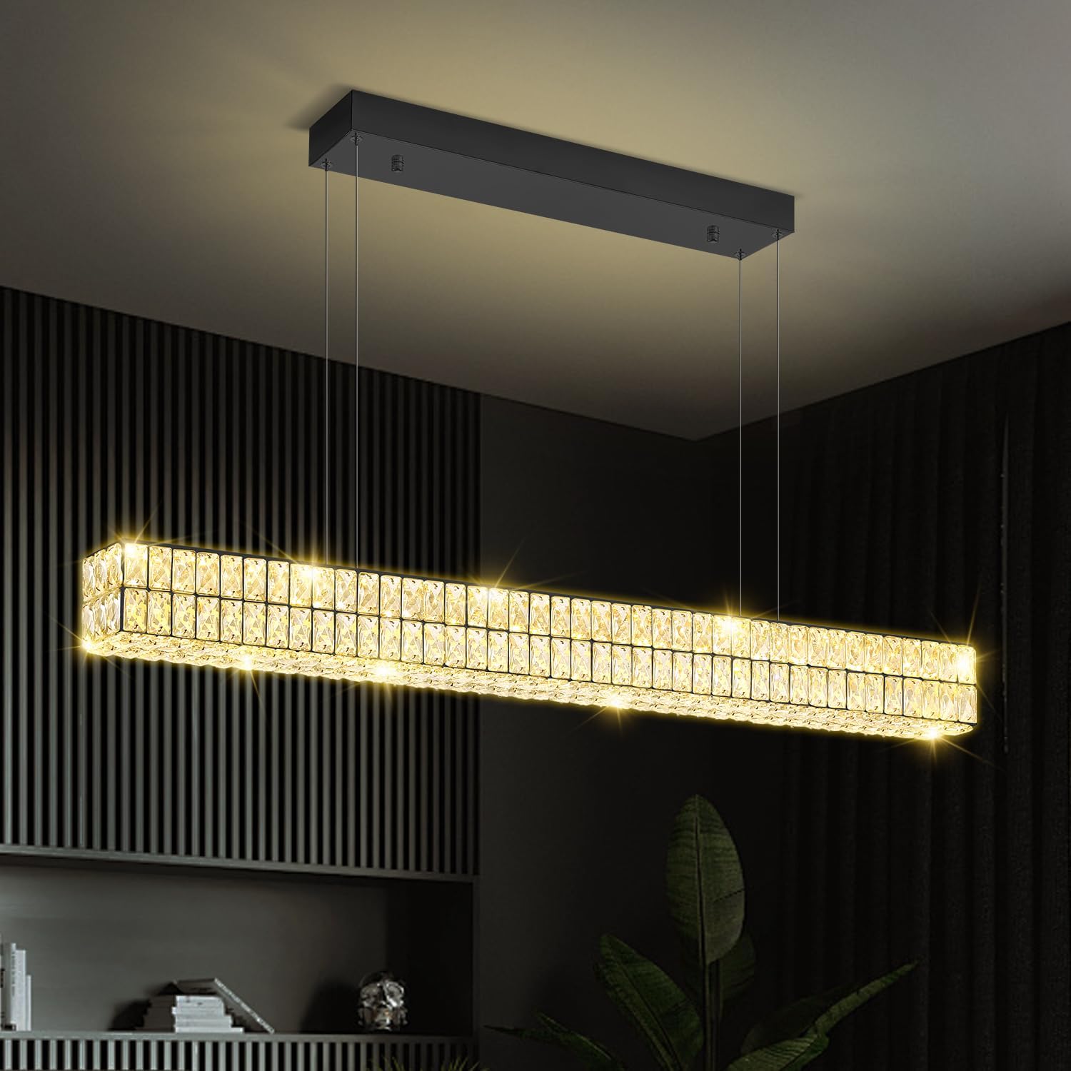 Dimmable Led Ring Chandelier for Dining Room, Modern Rectangle Crystal Pendant Lighting Kitchen Island,47.2in Black Linear Chandelier Hanging Light Over Table