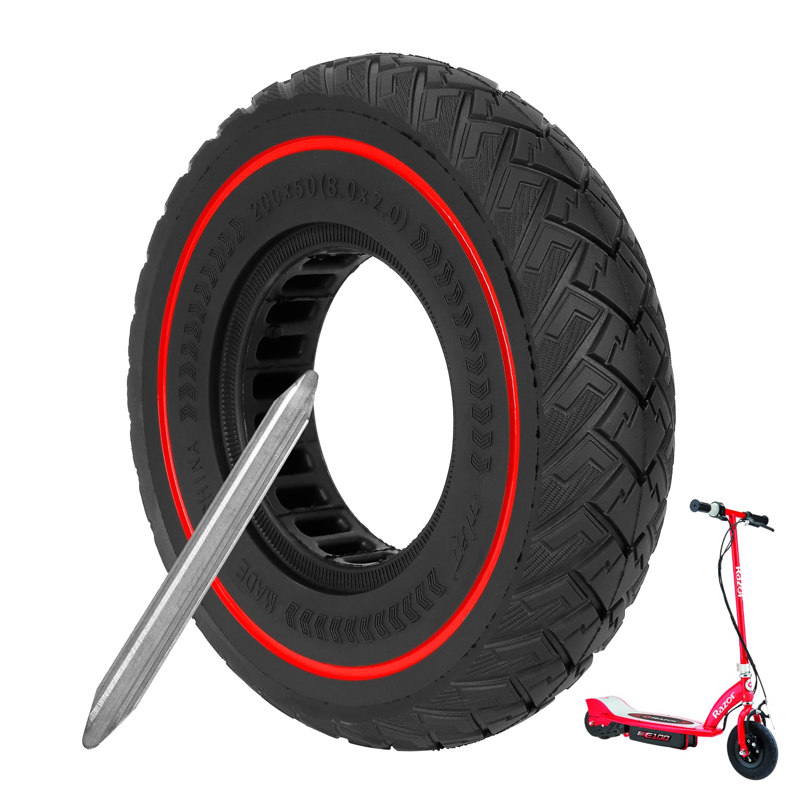 LUCK4U 200 x 50 Solid Scooter Tire For Razor E100 E125 E150 E175 E200 E200S E225 Electric Scooter 8.0 * 2.0 Scooter Wheel