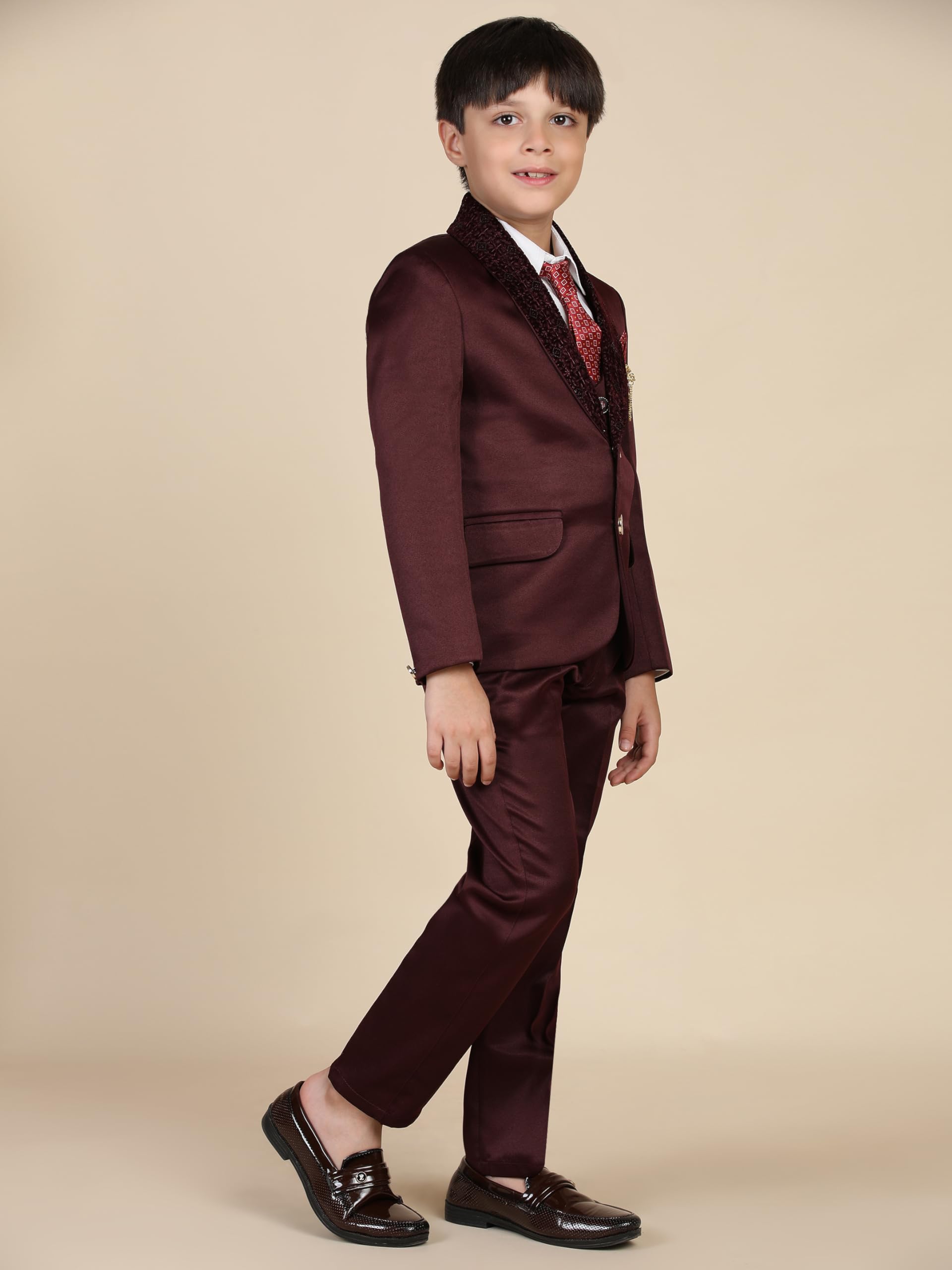 Pro-Ethic Style Developer Cotton 5 Piece Boys Suit Set for Kids Wedding Outfit | Set of Shirt, Regular Fit Pants, Coat, Waistcoat and Tie for Kids, Maroon, 13-14 Years - Image 9 thumbnail