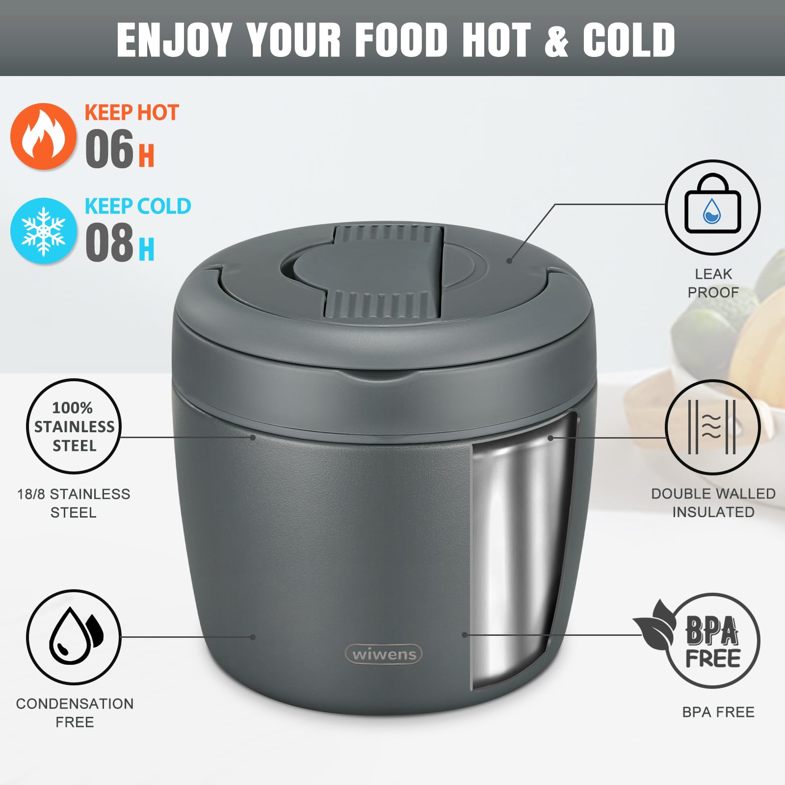 wiwens Termo Słoik na żywność dla dorosłych na gorące jedzenie, 900 ml, na zupę, termiczne, na lunch, szeroki otwór, izolowane próżniowo, ze stali nierdzewnej, szczelne pudełko Bento z łyżeczką, szary