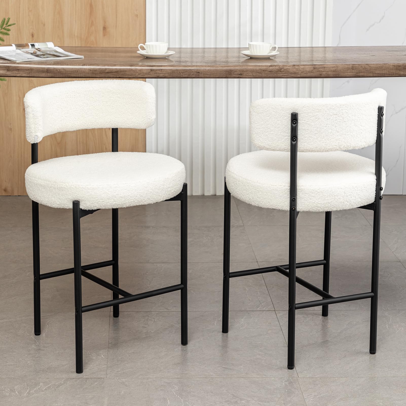 Cinxzar Boucle Bar Stools Set of 2, White Counter Height Bar Stools with Backs, Modern Barstools for Kitchen Island, Pub, Club