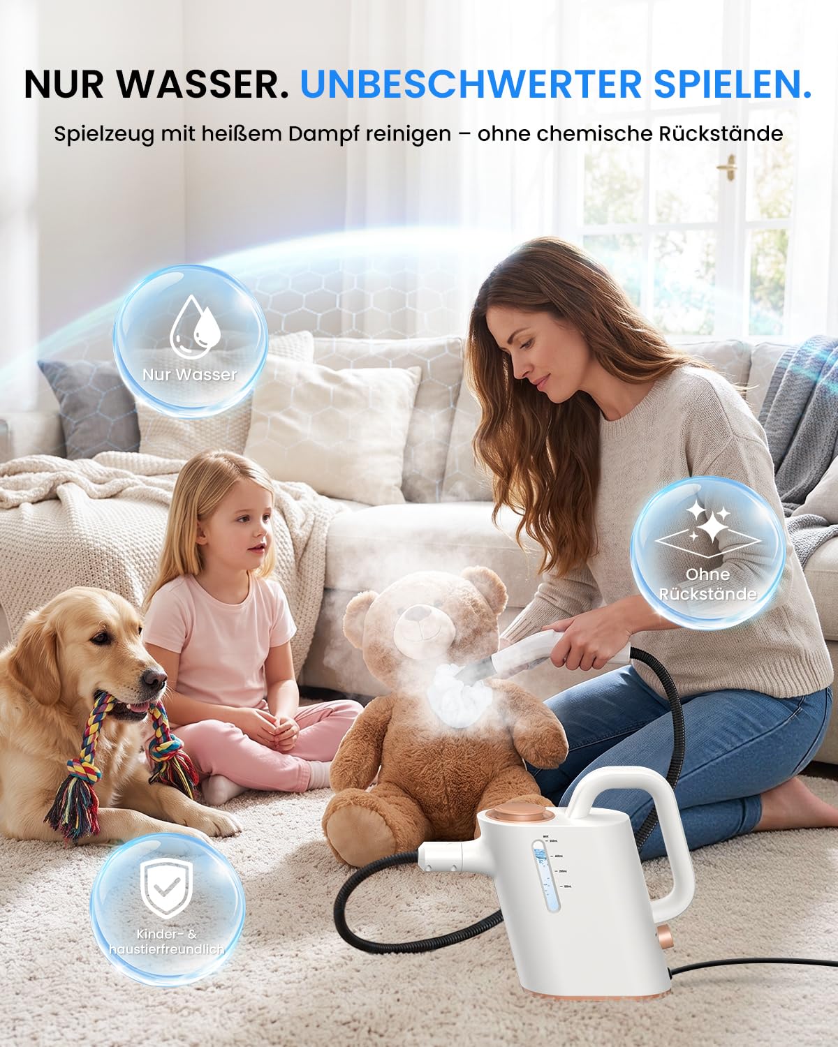 Dampfreiniger Handgerät, 15 Sek. Aufheizzeit, 550 ml Wassertank | 16 Zubehörteile, regulierbarer Dampf, 1,5 m Schlauch und 3 m Kabel für Bad, Küche, Fugen, Fensterrahmen und Polster
