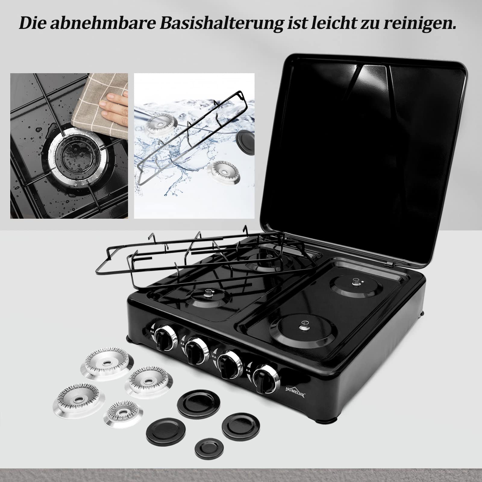 HOMELUX 6,2 KW Gaskocher 4 Flammig Campingkocher mit 150cm Gasschlauch Kochfeld mit Deckel Herd Gas Outdoor Schwarz