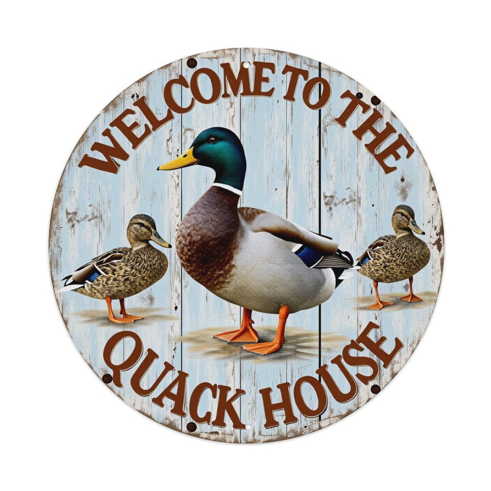 Duck Family Welcome Sign Round Tin Sign Vintage Metal Poster, Home Bar Garage Man Cave Cafe Indoor & Outdoor Wall Decoration 8x8Inches