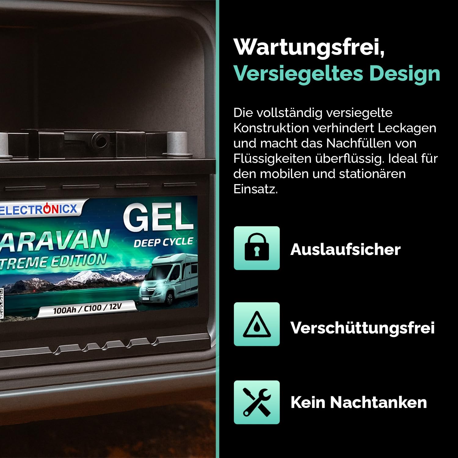 Electronicx CARAVAN EXTREME EDITION 100Ah / C100 / 12V GEL Versorgungsbatterie – 100 Ah – 12 Volt Batterie Wohnmobil, Van, Boot, Marine, Photovoltaik – wartungsfrei& robust- 278×175×190 mm