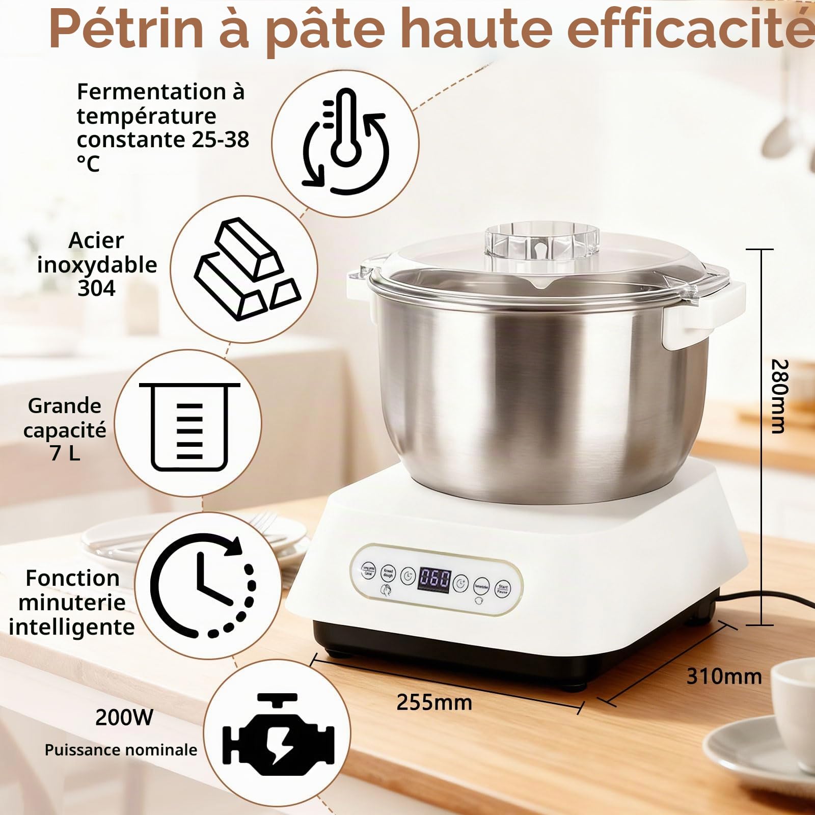 Pétrin à pâte en acier inoxydable 7 L Grand volume avec fonction de fermentation thermostatique (25-38 °C), pétrisseur automatique avec lame de coupe pour la cuisson à la maison