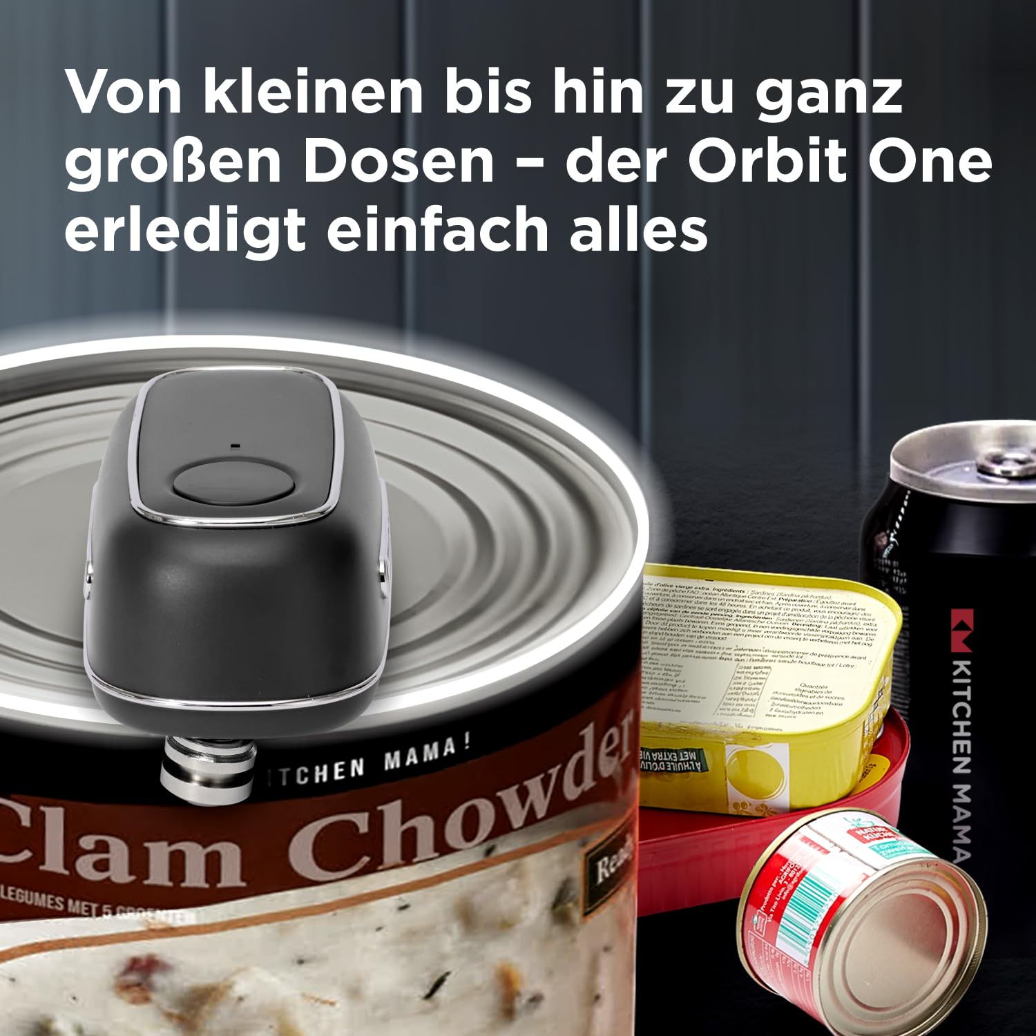 Orbit One wiederaufladbarer Dosenöffner von Kitchen Mama: Freihändige Bedienung, Aufladen über USB-C, automatische Abschaltung, glatter Rand, Klinge in Profiqualität für große Dosen (Schwarz)