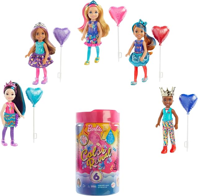 Barbie Chelsea Color Reveal Doll with 6 Surprises: 4 Bags Contain Skirt or Pants, Shoes, Tiara & Balloon Accessory; Water Reveals Confetti-Print Dolls Look & Color Change on Hair