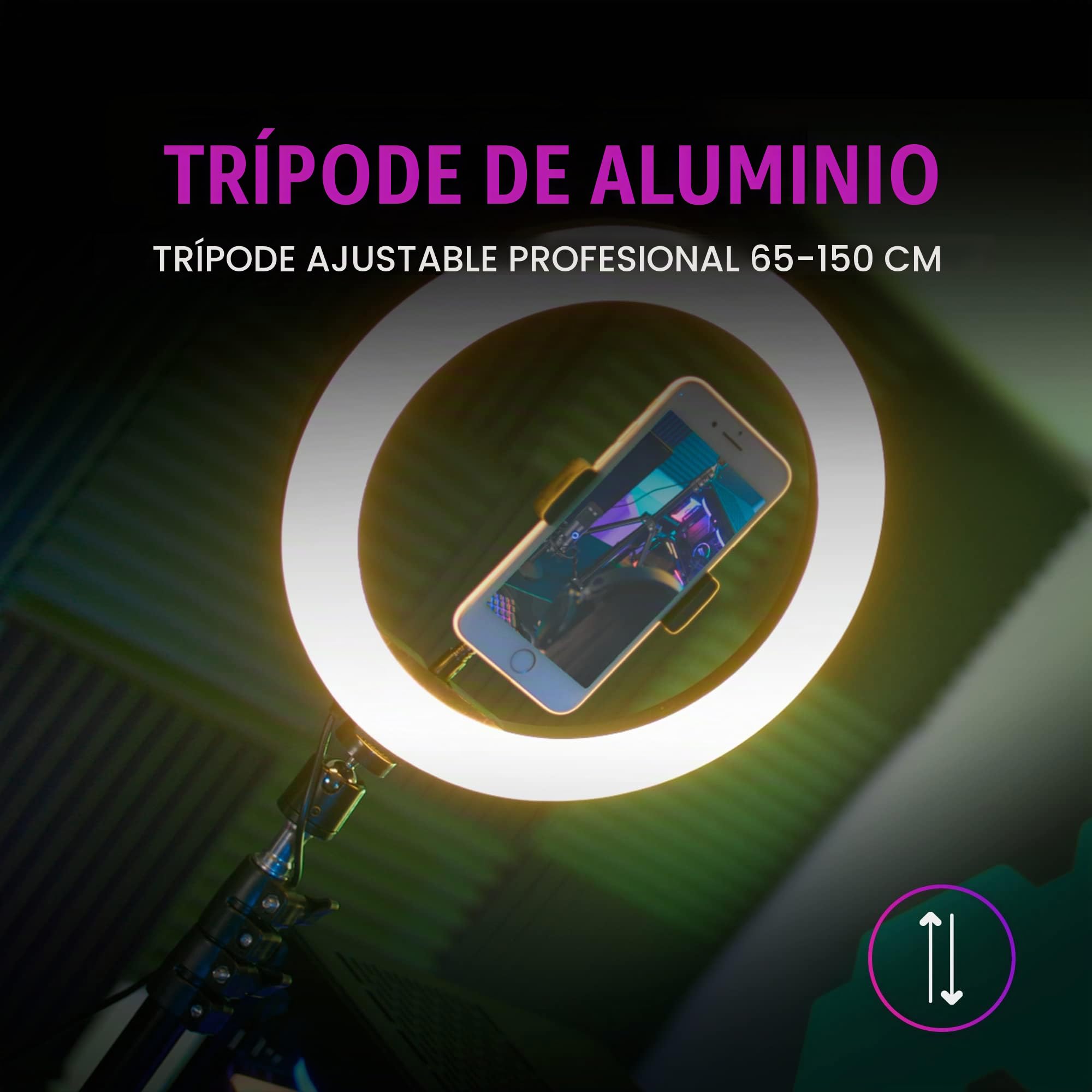 Mars Gaming Anillo DE ILUMINACION Profesional MARS GAMING ARGB con 35 Modos DE Estudio Y Ambiente Soporte Webcam O Smartphone