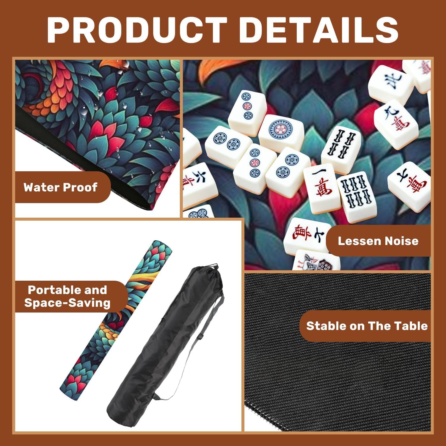 Mahjong Mat 31.5" x 31.5" Vibrant Dragon Fiery Scales Swirling Motion Non-Slip Noise Reduction Mahjong Tiles Table Cover for Dominoes Poker Card Board and Tile Games