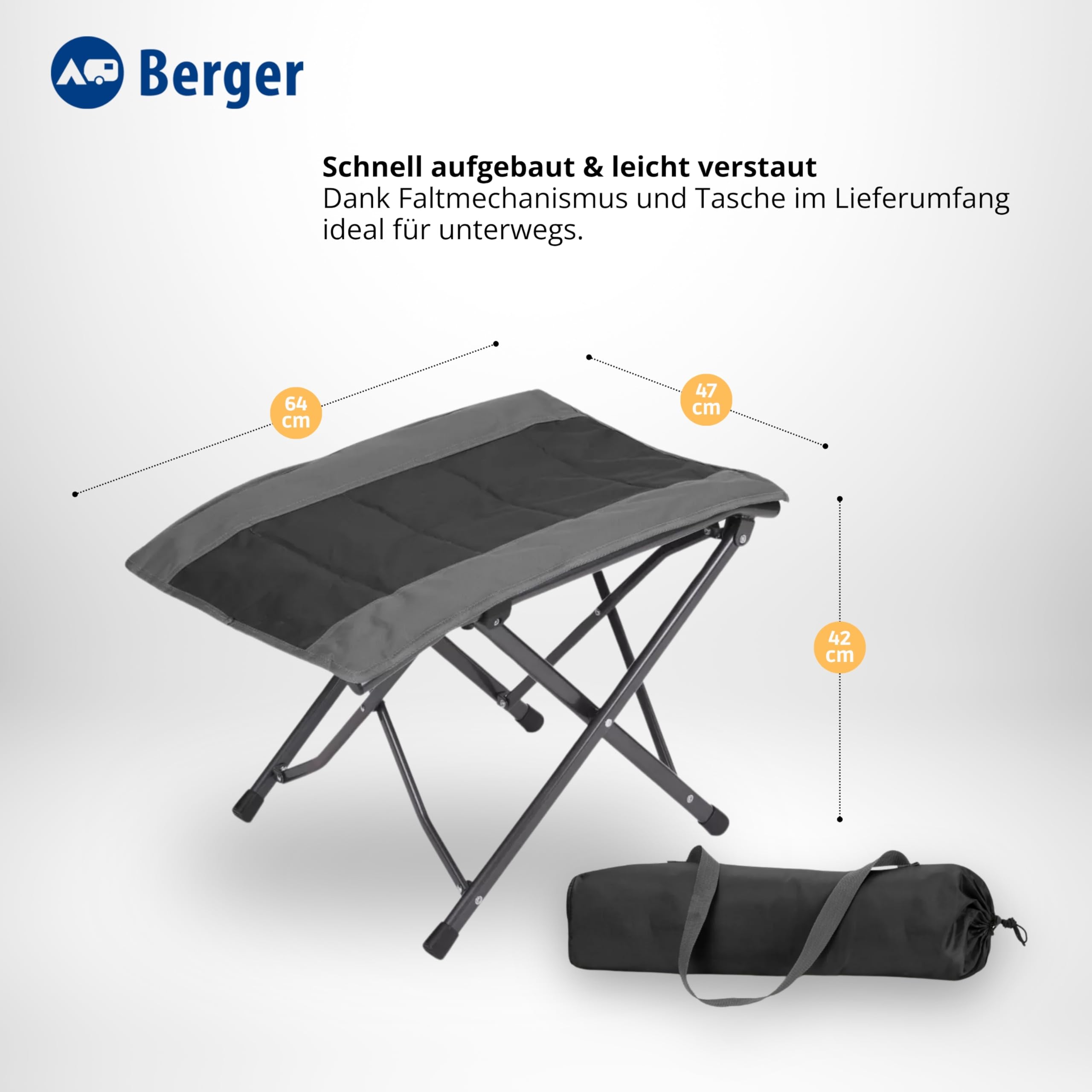 BERGER Siena Faltbare Beinauflage | Klapphocker Camping Fußhocker Outdoor belastbar bis 120 kg | Campinghocker klappbar mit Tragetasche | Campingmöbel Zubehör