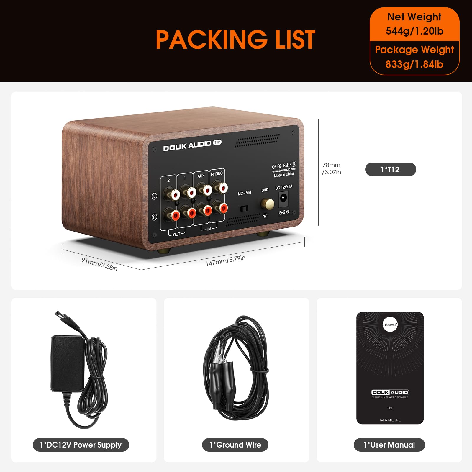 Douk Audio Tubi Phono preamplificatore MM/MC per giradischi, preamplificatore audio mini retrò per cuffie