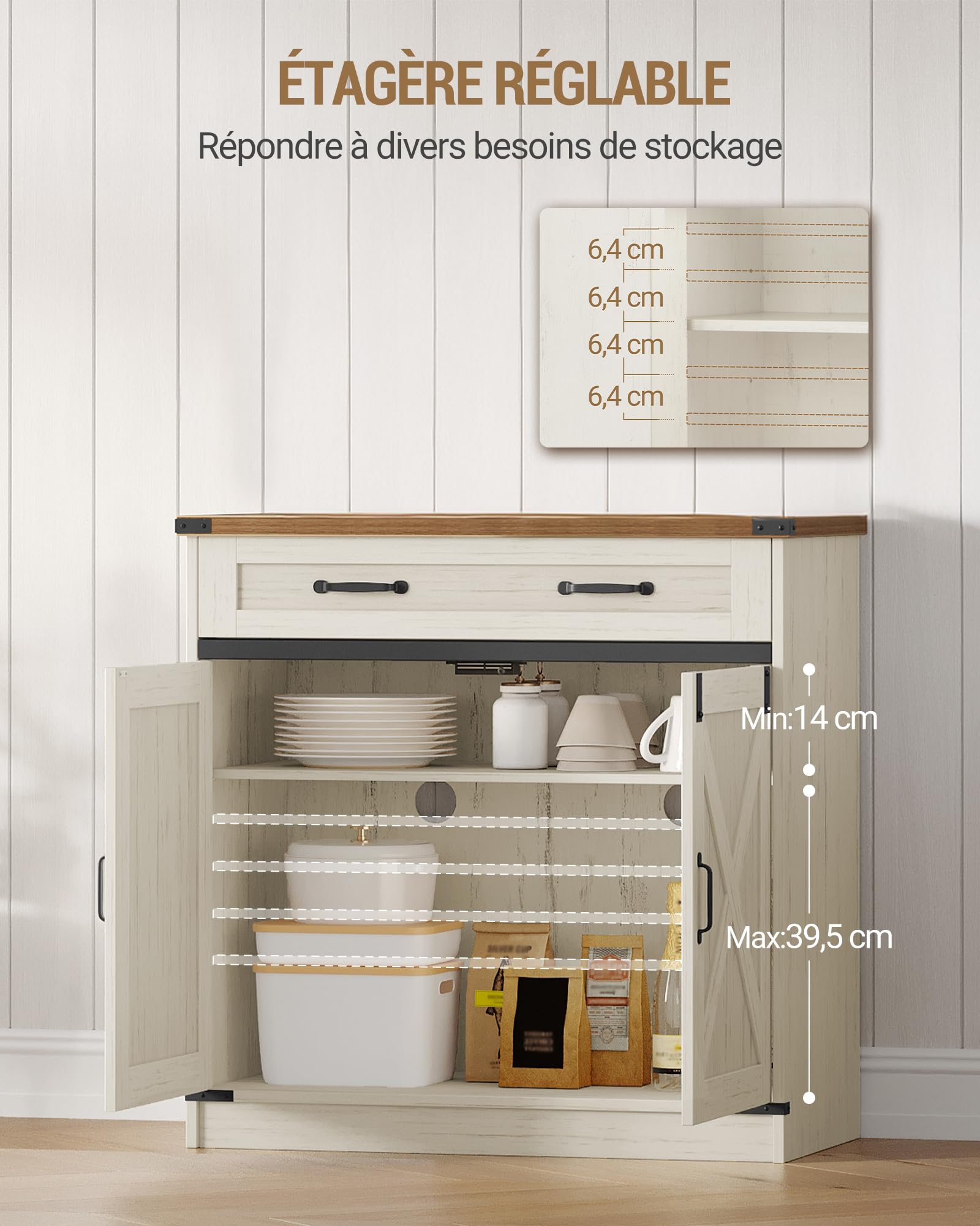 Hzuaneri Meuble Cuisine, Buffet à 1 Tiroir, Meuble de Rangement à 2 Portes, Étagères Réglables, Style Cottage, Cuisine, Salon, 40 x 80 x 80 cm, Blanc Rustique et Marron Miel, SC84814X