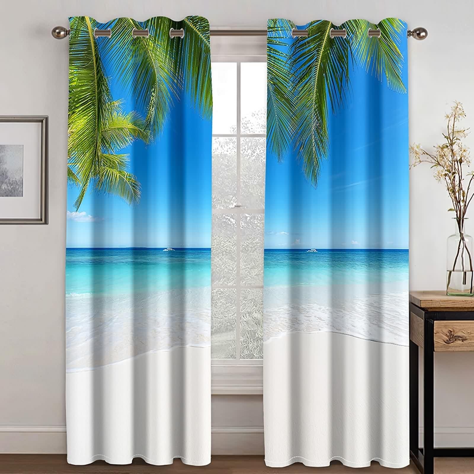 Rideau Anniversaire, Rideau Stof Polyester Bleu Vert Beige Paysage de Feuilles de Palmier sur La Plage 107L x 138H CM Lot de 2