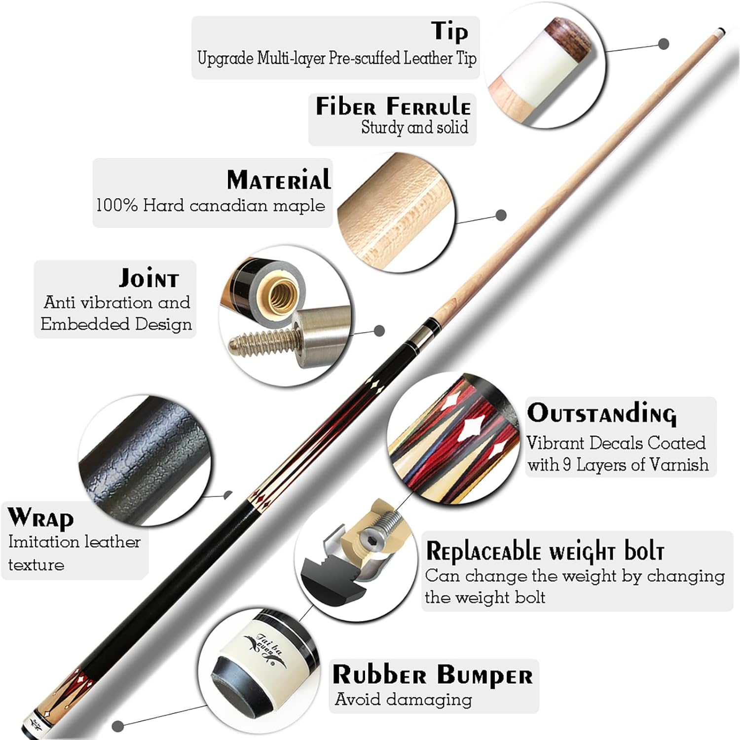 tai ba cues 2-piece pool cue stick + hard case, 13mm tip, 58", hardwood canadian maple professional billiard pool cue stick 18,19,20,21,22 oz pool stick (selectable)-blue, black, red, gray, green red s1+ case + 3 accessories 19 ounce