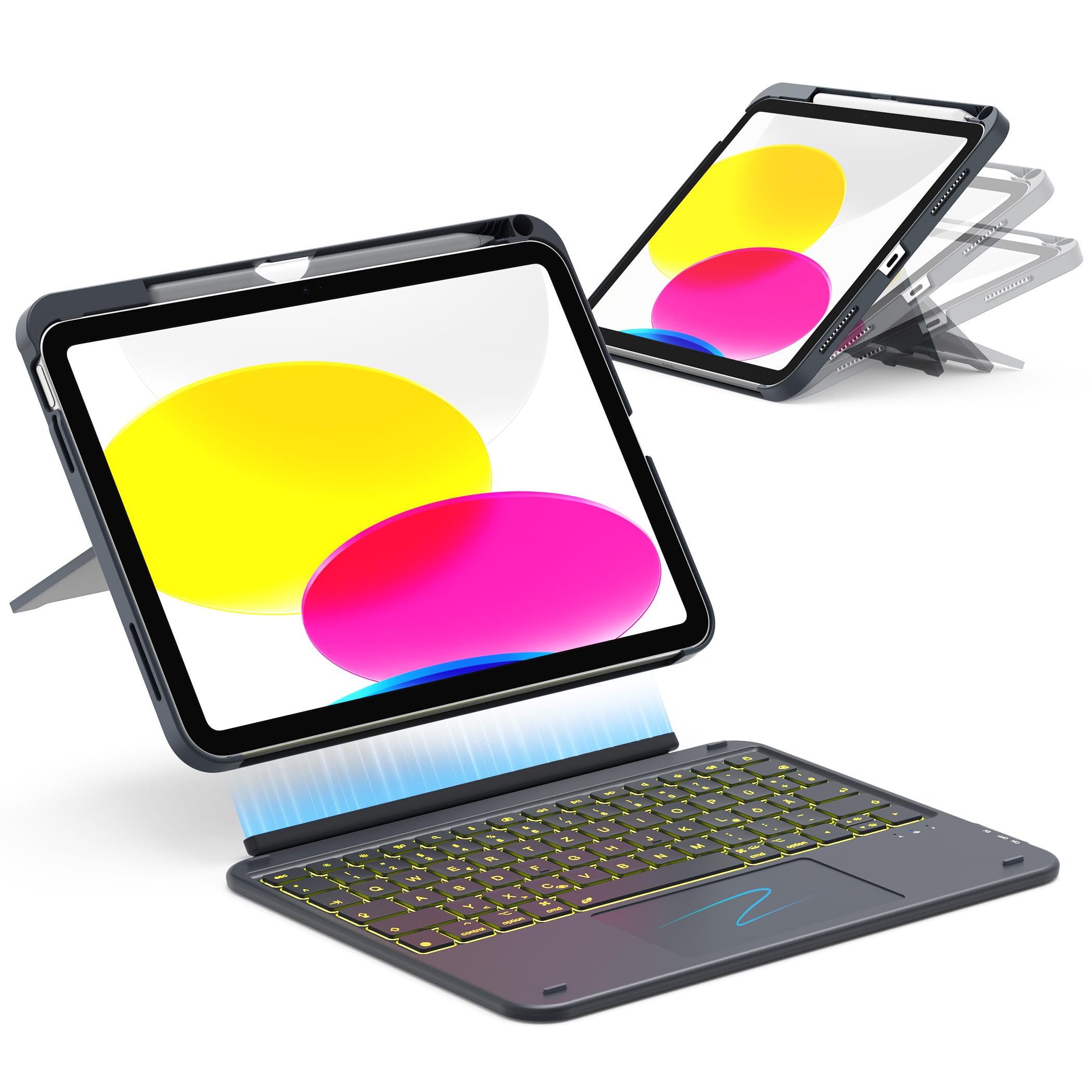 CACOE iPad 11 Hülle mit Tastatur (A16) 2025 & iPad 10. Generation 10,9 Zoll, Magnetisch Abnehmbare Keyboard Case mit Trackpad und Stifthalter, QWERTZ Layout, Ultradünn & Leicht, Grau