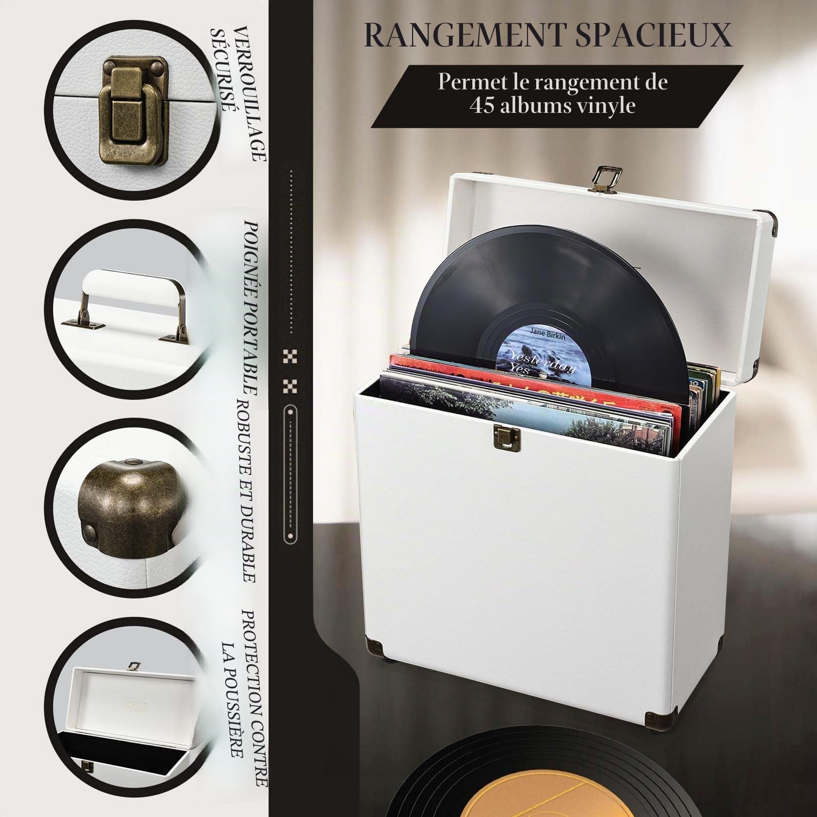 Coffre pour Vinyls de Rangement et Transport avec Serrure - Capacité 45 Disques - Malletín de Protection pour Collection, Blanc