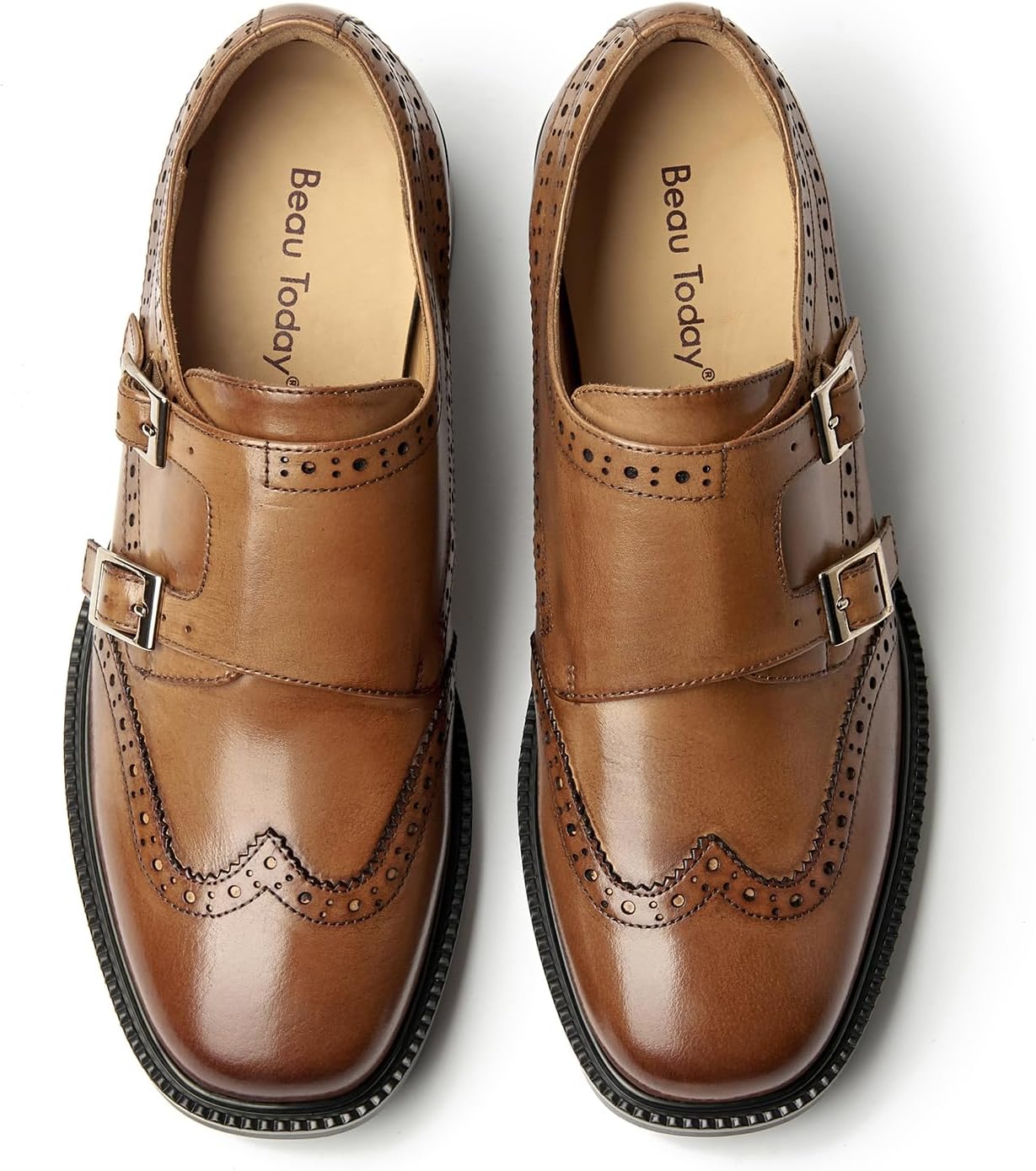 BEAU TODAY Monk Strap Loafers, Womens Leather Loafers, Cap Toe Slip-Ons Waxed Calfskin Loafer Flats for Business Casual Dress Women Shoes