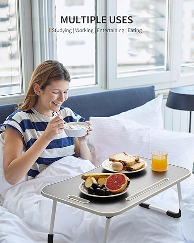 Miniatura 2 de Mesa plegable para laptop, bandeja portátil para mesa de cama, soporte para laptop con soporte para tazas, ranura para tableta y asa de elevación