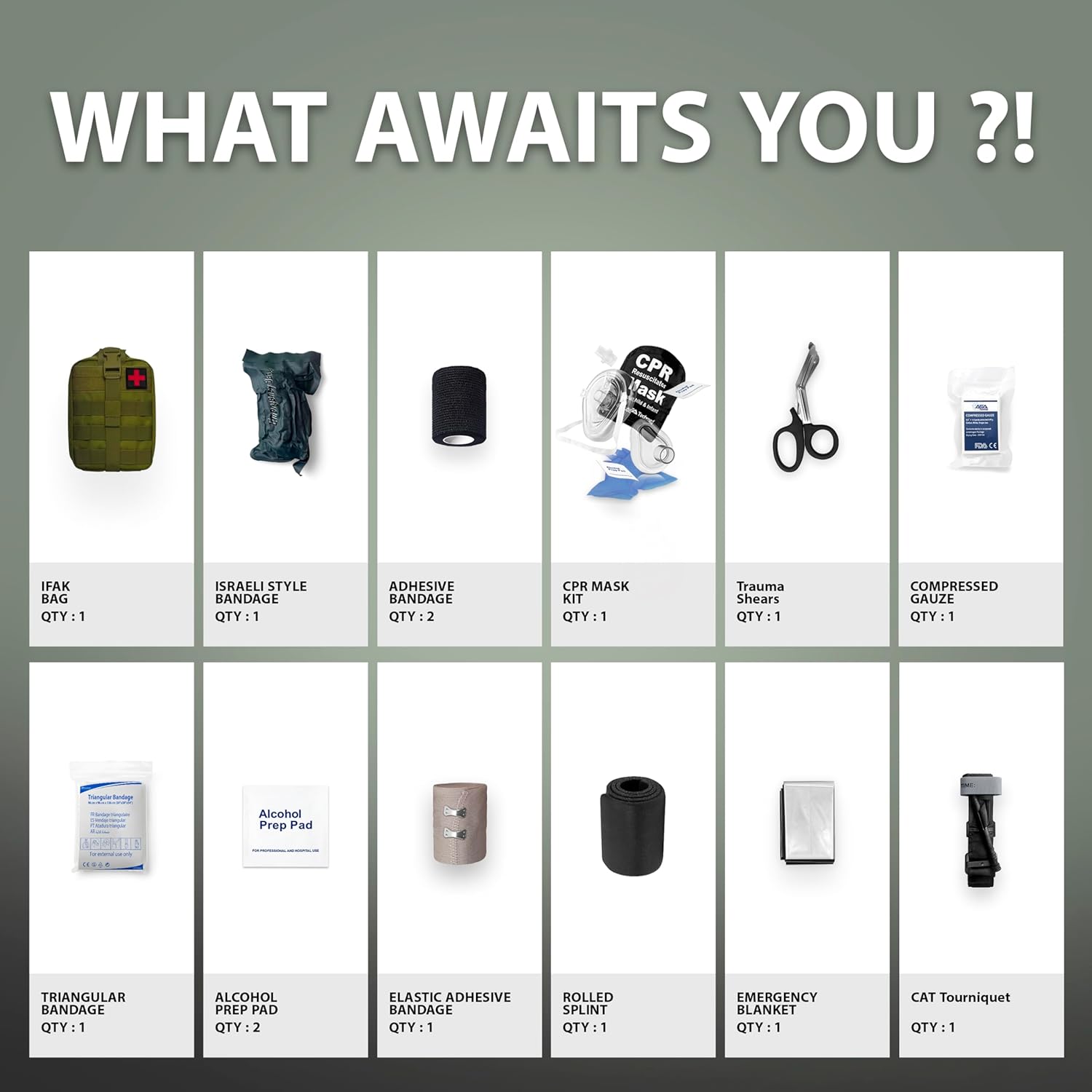 ASA Techmed Survival First Aid Kit/IFAK Trauma Kit with CPR Mask with Valves, Tourniquet, Essential Gear for Preppers, Campers, Hunters, Bikers, Hikers, EMTs, Climbers, Military Personnel (Green)