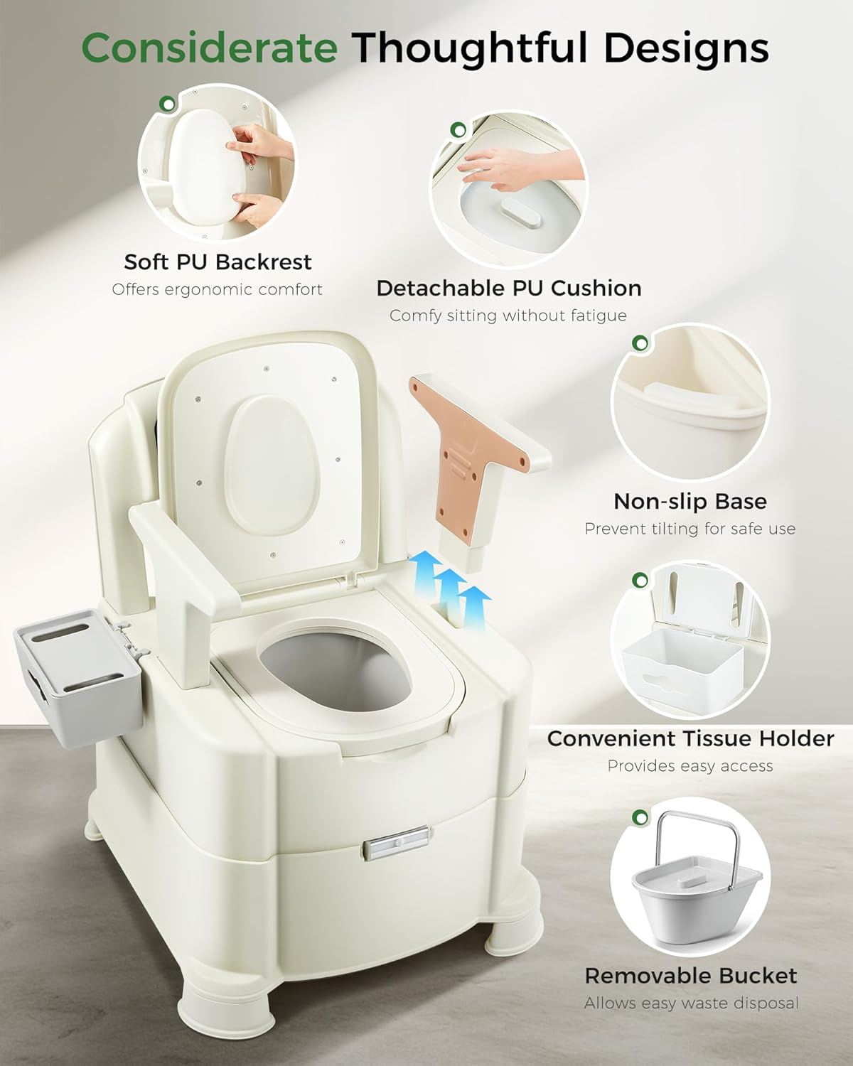 Bedside Commode, Upgraded Commode Toilet Potty Chair with 3 Rolls of Commode Liners, Automatic LED Light, Detachable Armrests, 2-Level Height, Heavy Duty 880lbs Loading