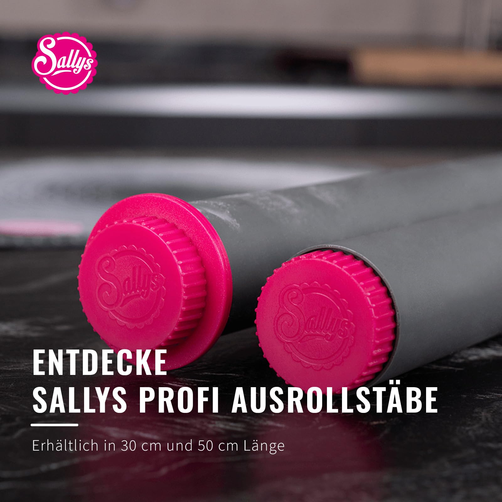 Sallys Profi Ausrollstab - 50 cm - Antihaft-Silikon & Edelstahlkern - Teigroller mit Abnehmbaren Abstandsringen - Nudelholz zum Backen