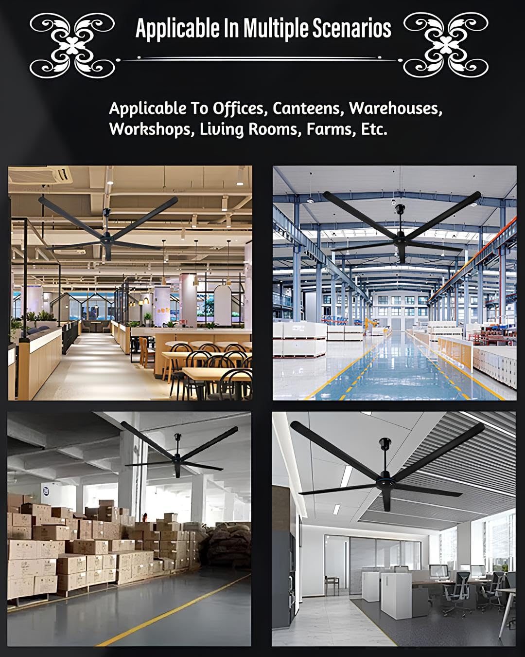 Ventilatore Industriale da Soffitto 200cm Senza Luce, 6 Pale | Ventilatore Grande Ambiente Silenzioso A 5 Velocità Per Magazzino, Officina E Palestre(Gray)
