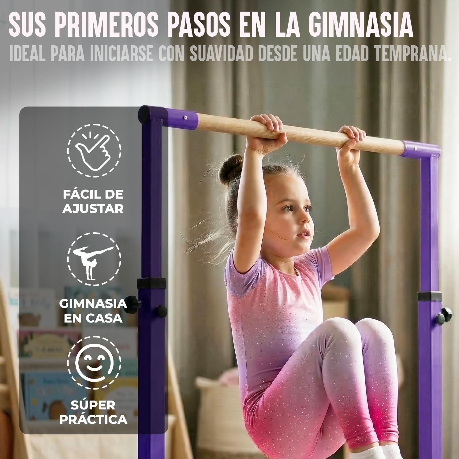 Gym Bar Barra Gimnasia Infantil Violeta Anillas Rosas 13 Niveles Ajustables 90-150 cm Acero Madera Haya Correas Antideslizantes Fitness