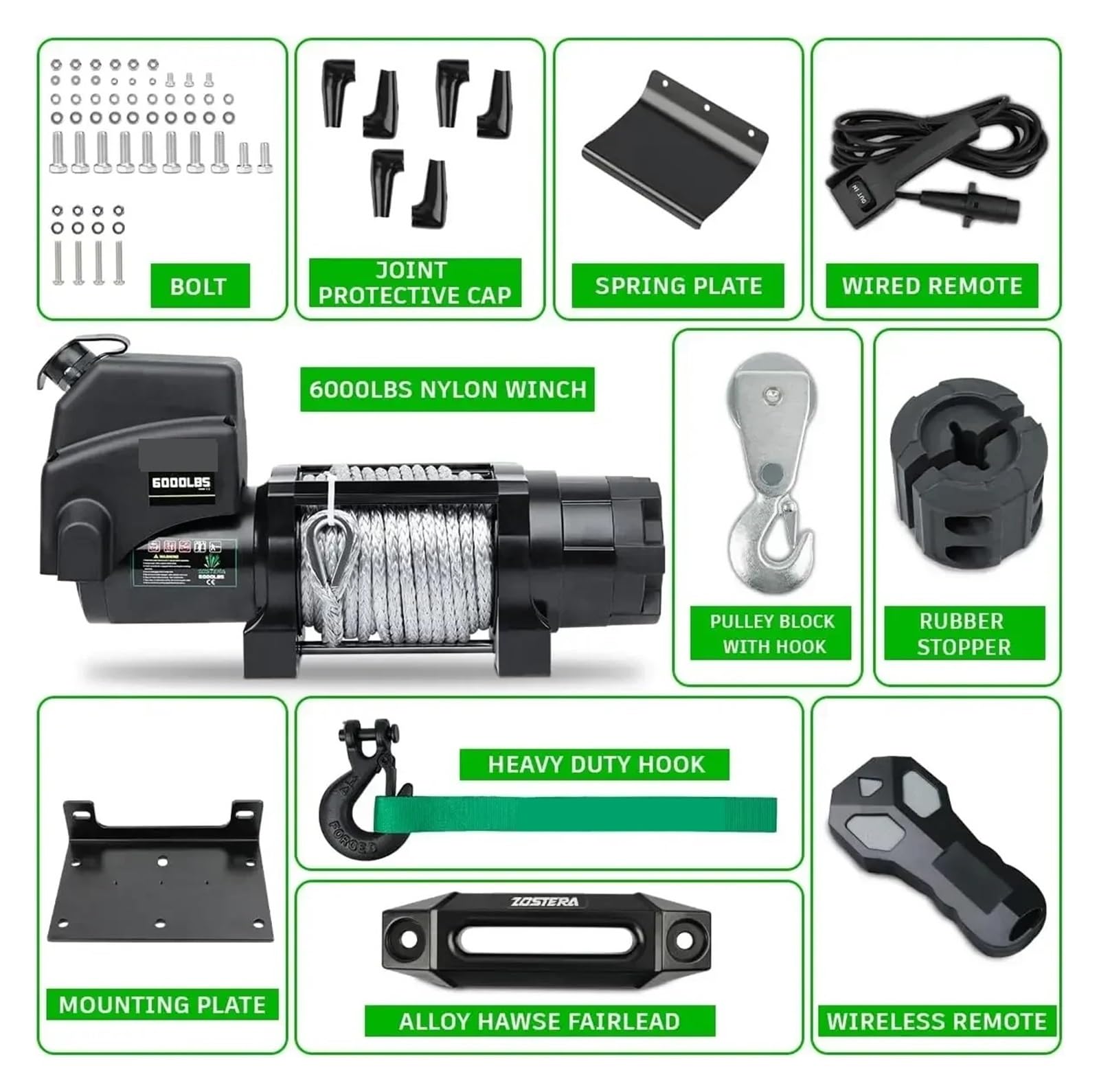 Paranco Elettrico, Verricello elettrico 12 V 6000 libbre for rimorchio for barche con cavo sintetico remoto da 1/4 di pollice x 55 piedi, gancio, interruttore manubrio wireless