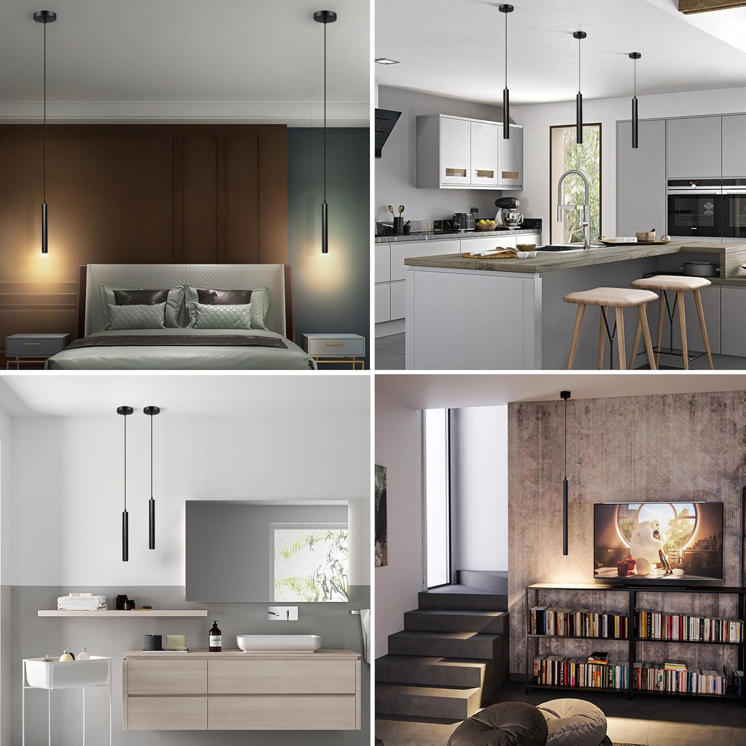 Pendant Lights Kitchen Island 2 Pack, Modern LED Pendant Light for Bedroom Bedside Table TV Background, Minimalist Black Pendant Light Fixture, Kitchen Island Light, Height Adjustable, 3000k