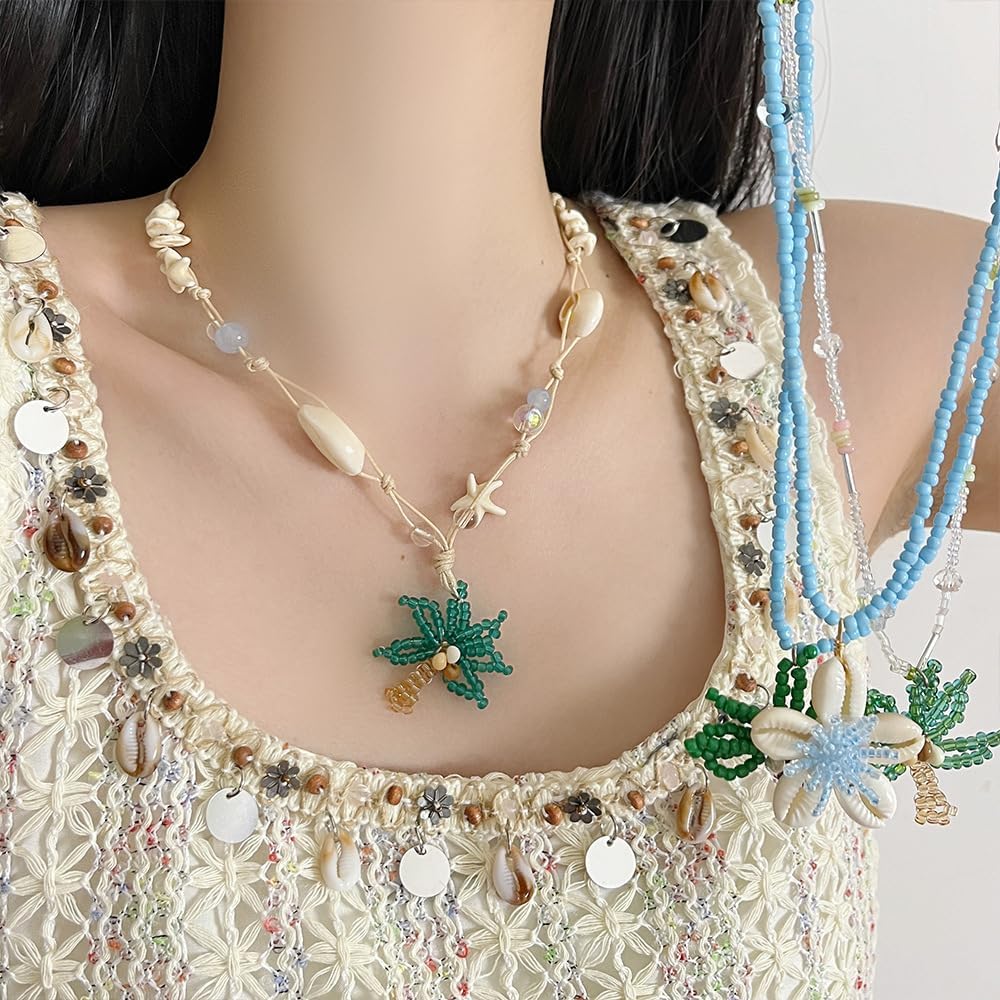 Beaded Palm Tree Necklace for Women Trendy Shell Starfish Coconut Tree Necklaces Boho Seashell Conch Pendant Necklaces Simple Bead Beach Summer Ocean Choker Necklaces Vacation Jewelry Gift - Image 5