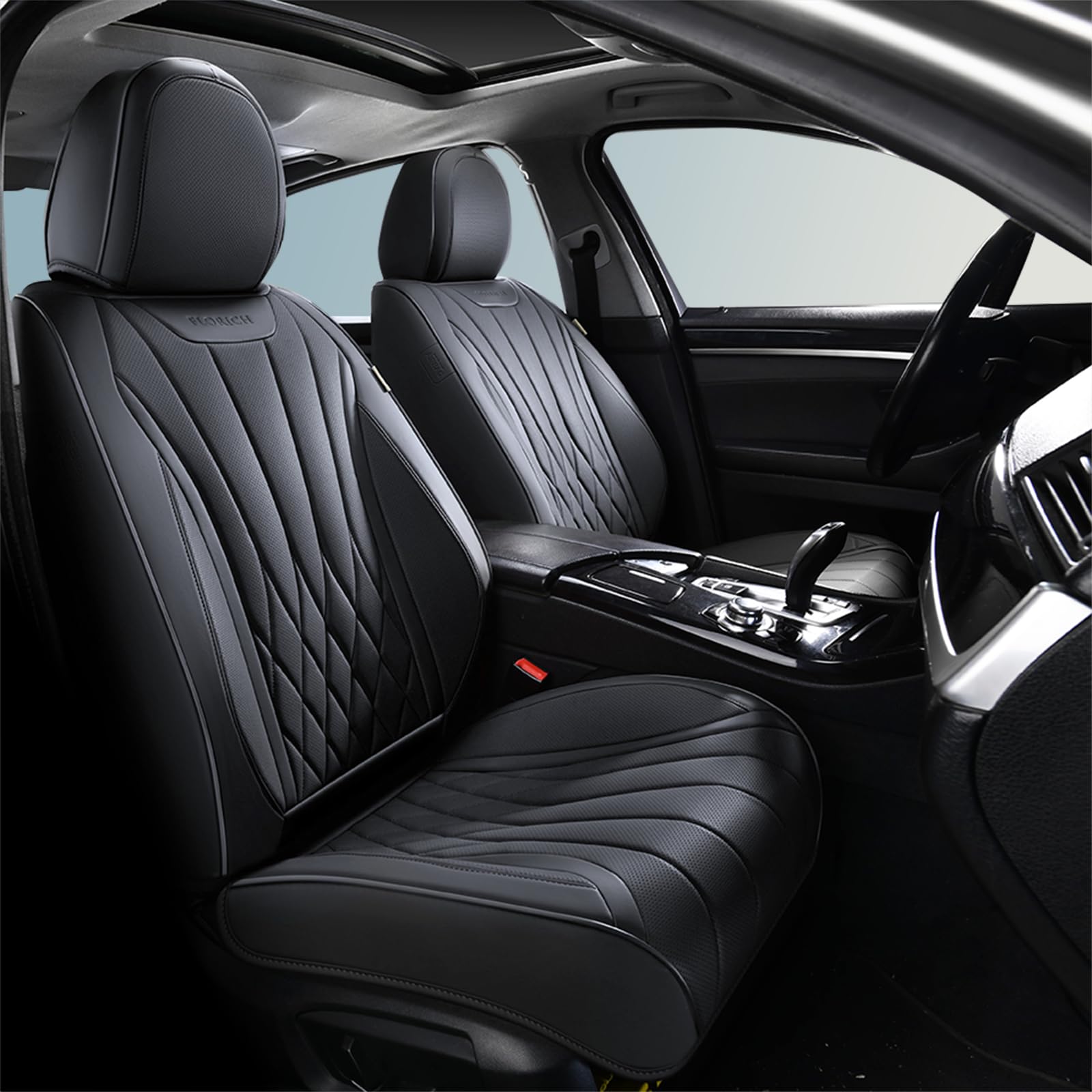 FLORICH Car Seat Covers Front Seats, Luxury Fashion Solid Black Seat Covers, Waterproof Nappa Leather Car Seat Protector, Airbag Compatible, Full Covered Car Seat Cover Universal Fit for Most Cars - Black and White
