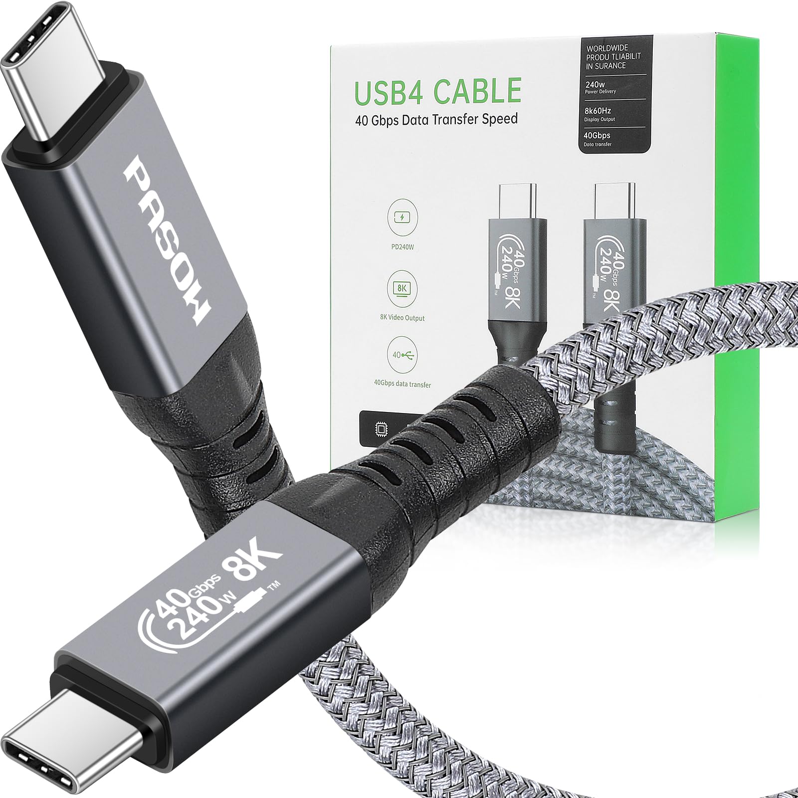 PASOW USB C Thunderbolt 4 Cable 240W - Fast Charging 40Gbps Data Transfer 8K HD Display Braided USB4 Cable for iPhone 16 Thunderbolt 4/3 Monitor, Hub,