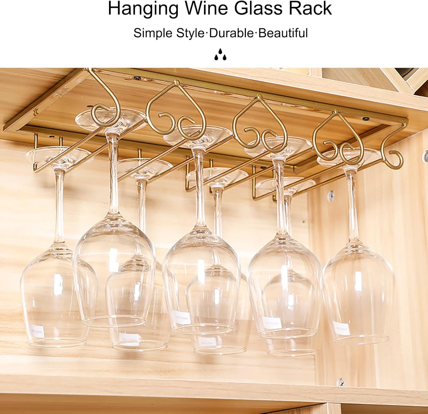 Glasses Display Tree Stemware Rack Wine Glass Holder Under Shelf Metal Hanging Organizer Wine Glass Holder Shelf for Kitchen Home Bar Mount Under Cabinet, Gold, 50cmx22.5cm/19.7inx8.8in