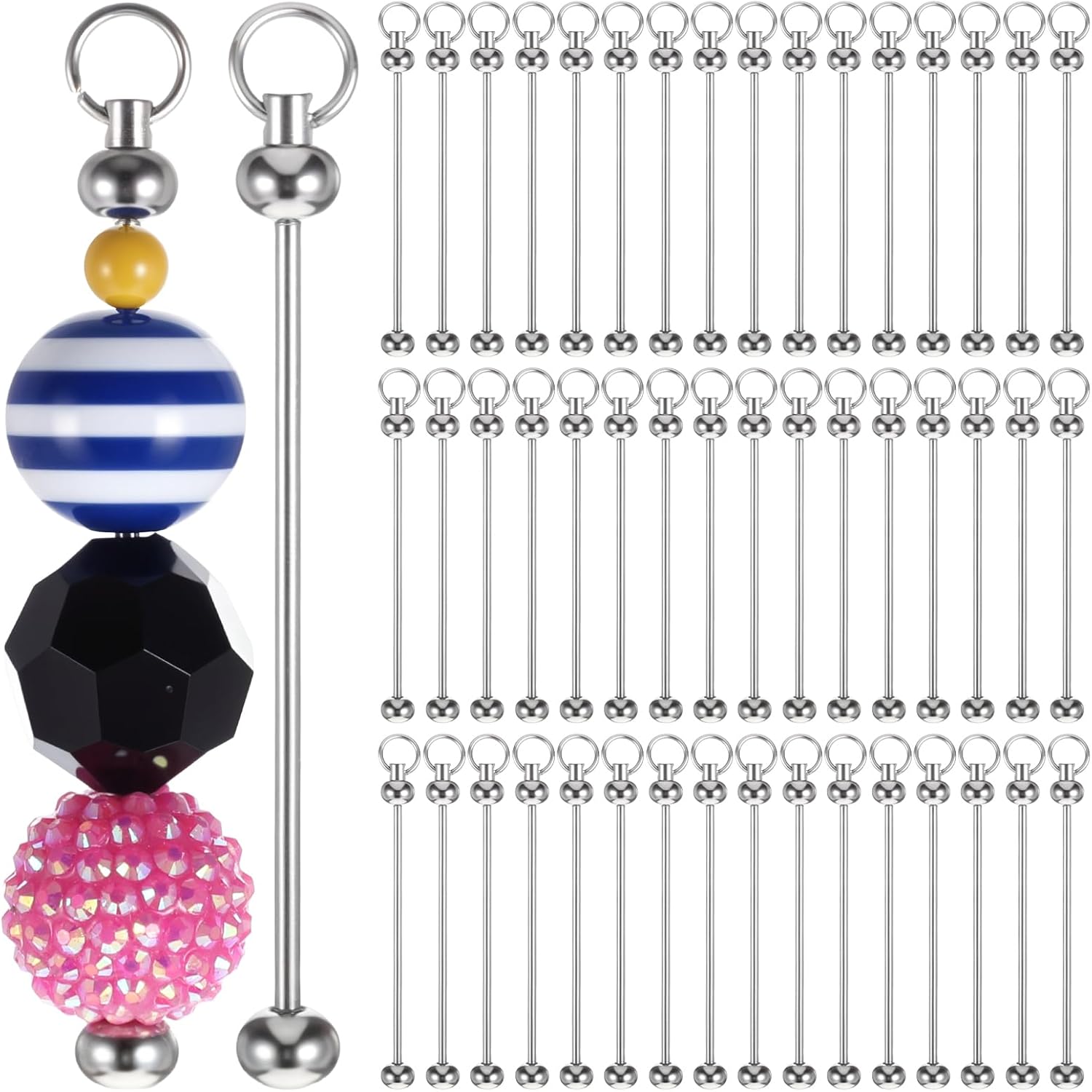 50pcs Blank Beadable Keychain Bars, Metal DIY Focal Bead Keychain Bar Charms Easy to Detachable Beaded Key Chain Making Accessories for Craft Item Project Pendant Kit Supplies