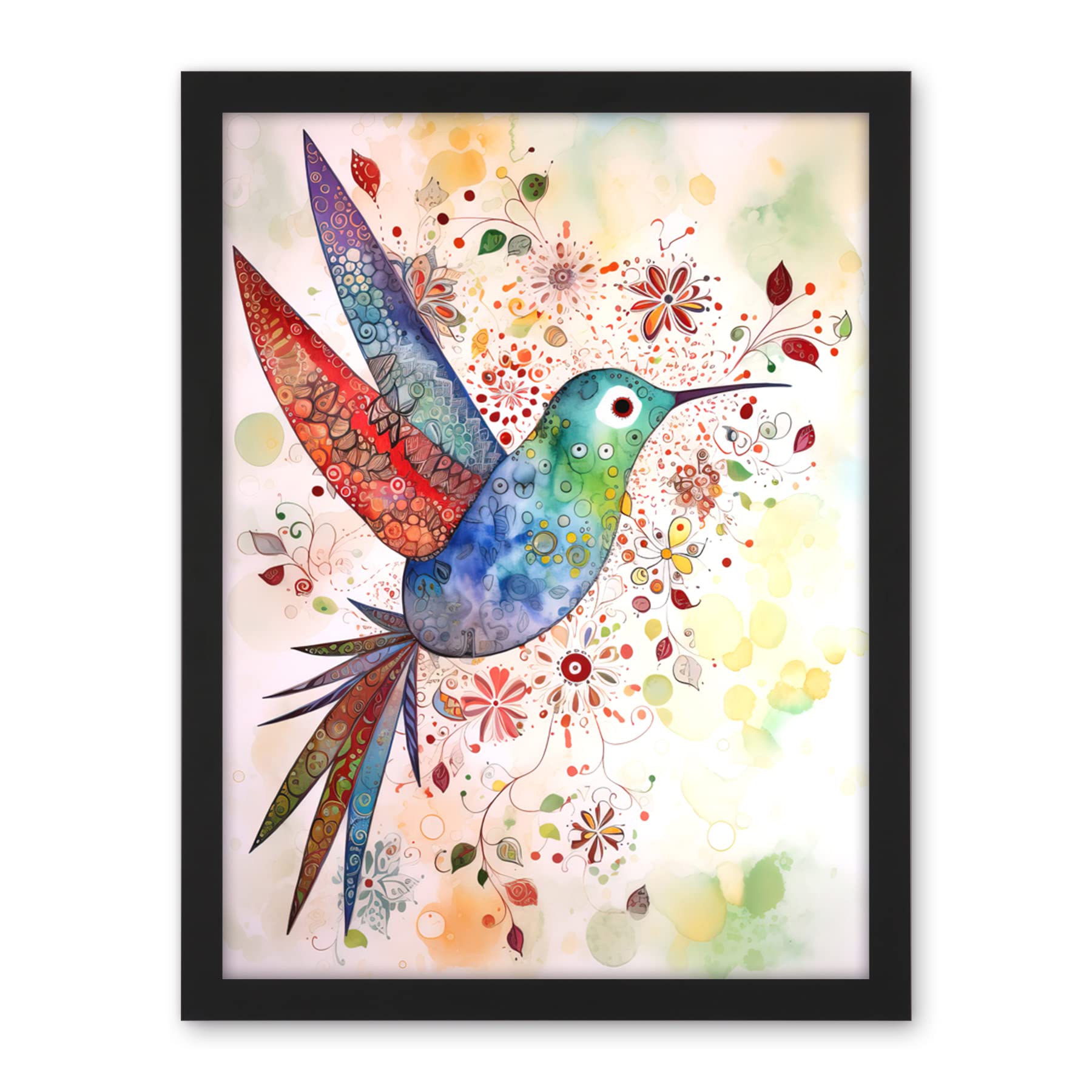 Artery8 Hummingbird With Flower Patterns Folk Art Watercolour Painting Artwork Framed Wall Art Print 18X24 Inch