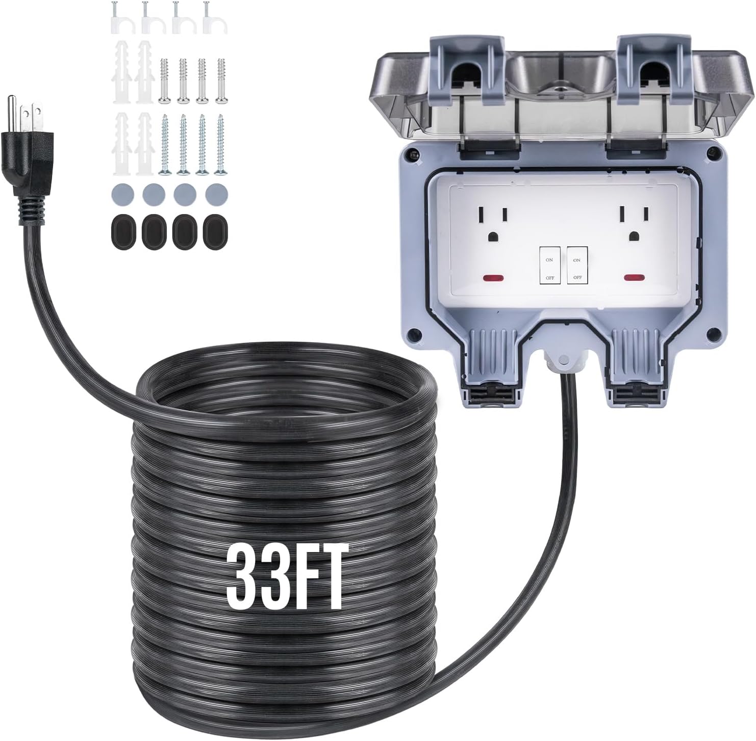 Outdoor Power Outlet 15A 110V with 10/20/33ft Extension Cord IP66 Waterproof Outdoor Outlet Extender for Garden Garage Patio (33FT Black)