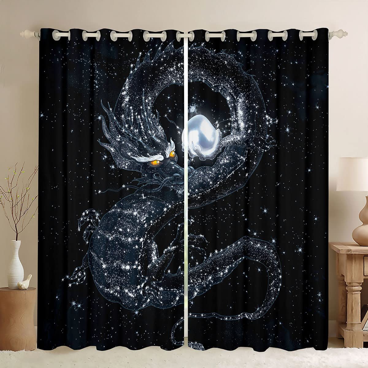 richhome Black Dragon Curtains,Glowing Pearl Window Curtains For Boys Girls Teens,Starry Stars Window Treatment Home Decor,Galaxy Darkening Drapes For Living Room Bedroom,46Wx72L