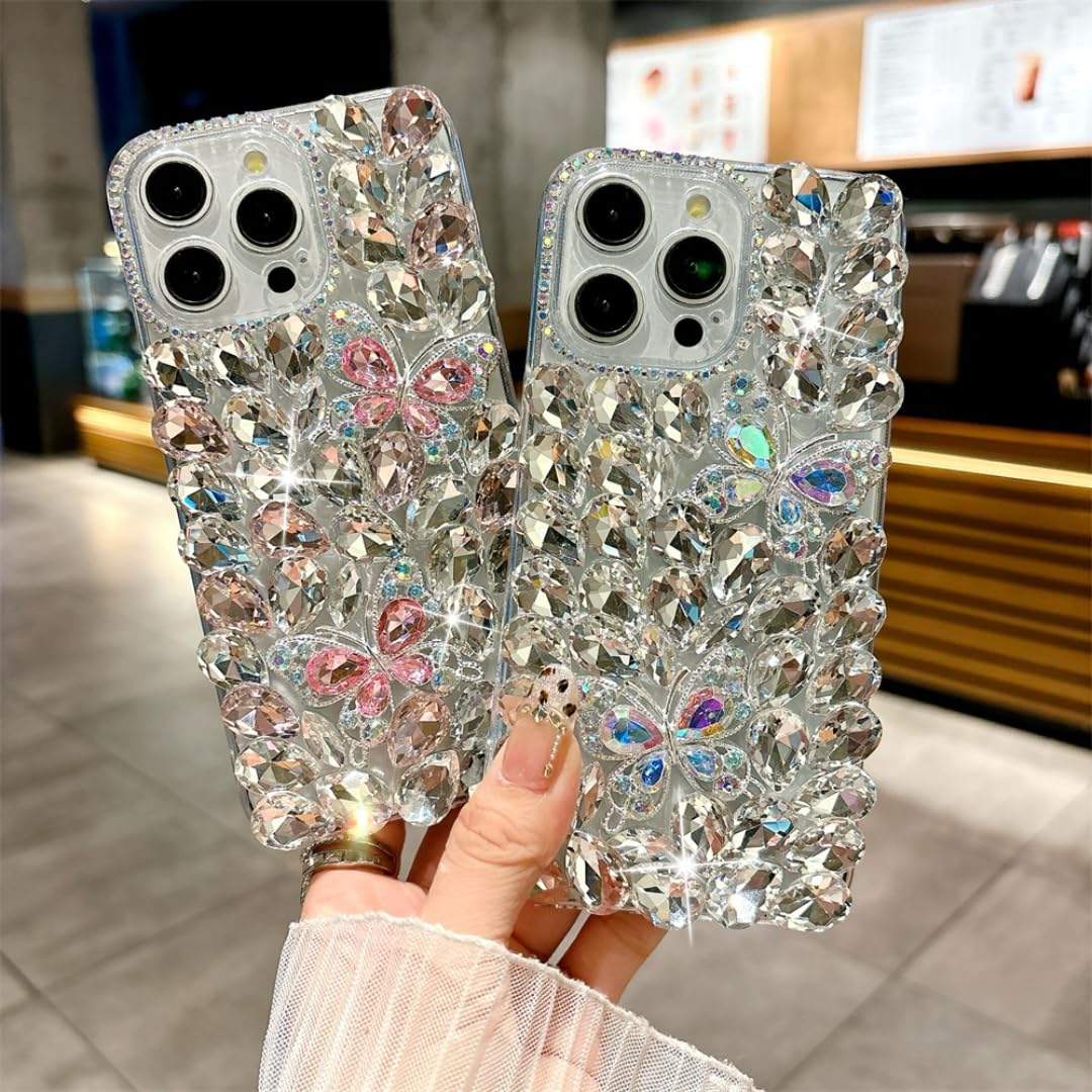 Funda de lujo con purpurina y diamantes de imitación en forma de mariposa para iPhone 17 Pro Max/16/15/14/13/12/11, funda con diamantes completos para iPhone 15 Pro/14 Pro (para iPhone 13/colorida).
