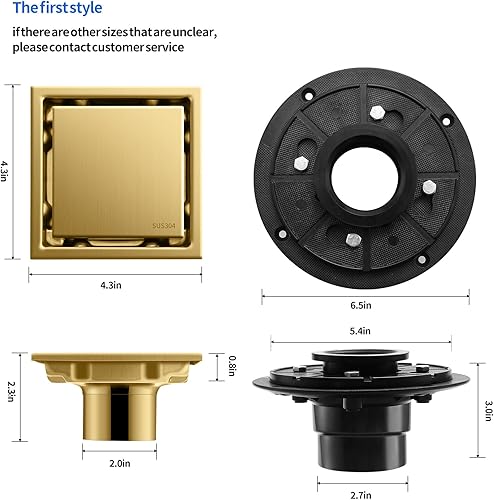 Miniatura 6 de Desagüe de suelo de ducha cuadrado cepillado oculto, dorado de 4 pulgadas, acero inoxidable 304, con brida, cubierta desmontable incrustada en