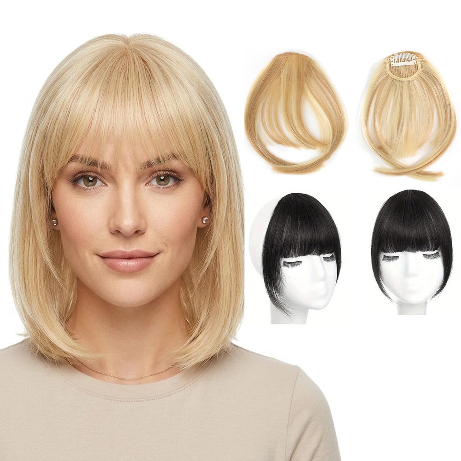 Kxsufwa Fringe Clip In Hair, 2Pcs Black And Light Blonde Plus Off-White Clip in Fringe