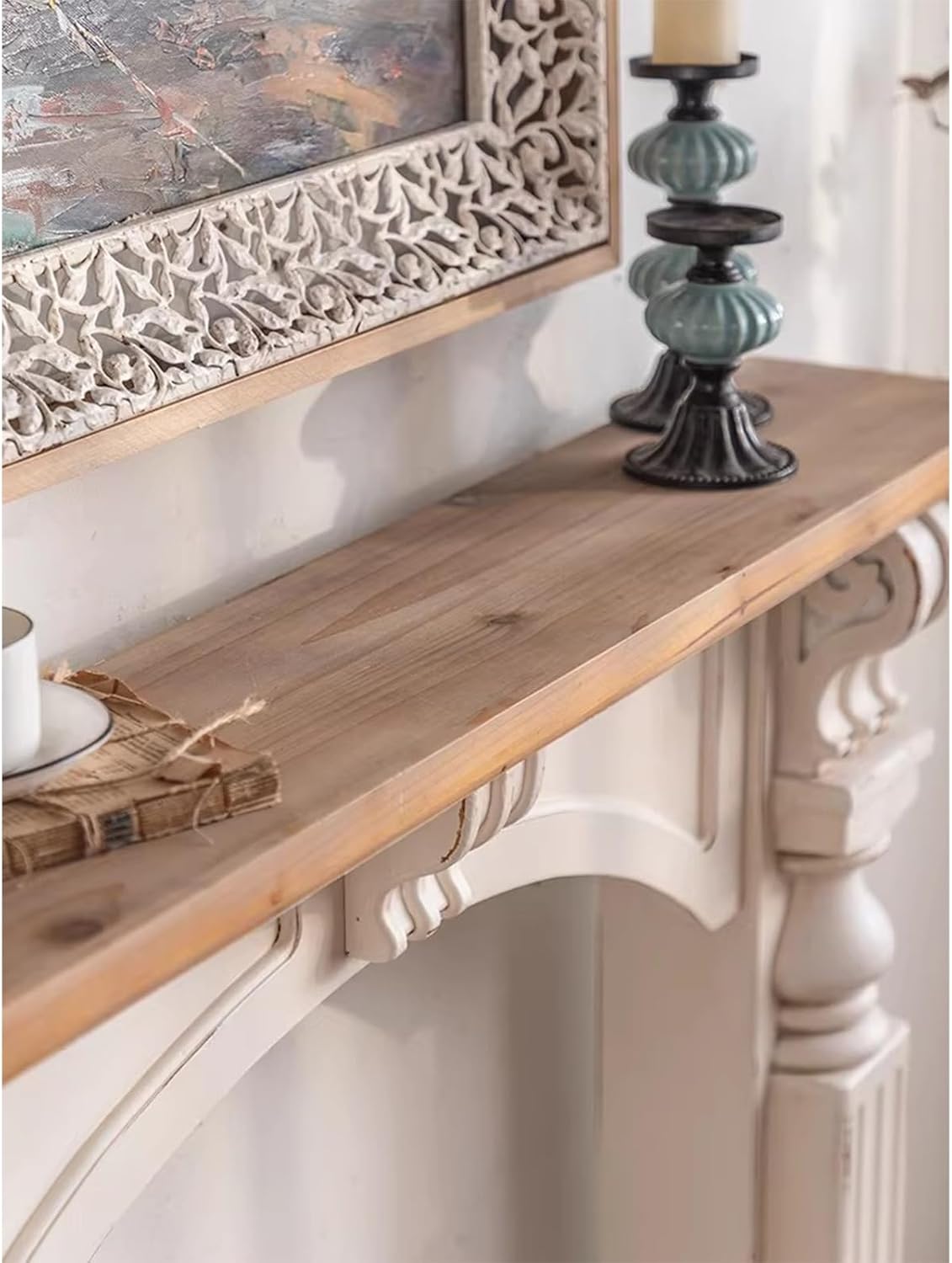 Fireplace Surround Distressed Vintage Fireplace Mantel Shelf Hand-Carved Wood Decorative Surround